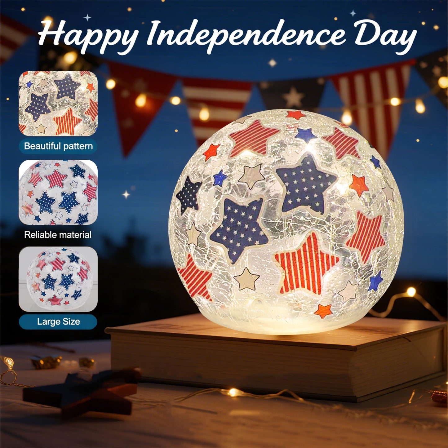 3PCS Independence Day Decorative Lights, 3.93-inch Independence Day Desktop Decoration LED Night Light, Cracked Glass Ball Light with Timer, 4th of July Decoration (red Five-Pointed Star)
