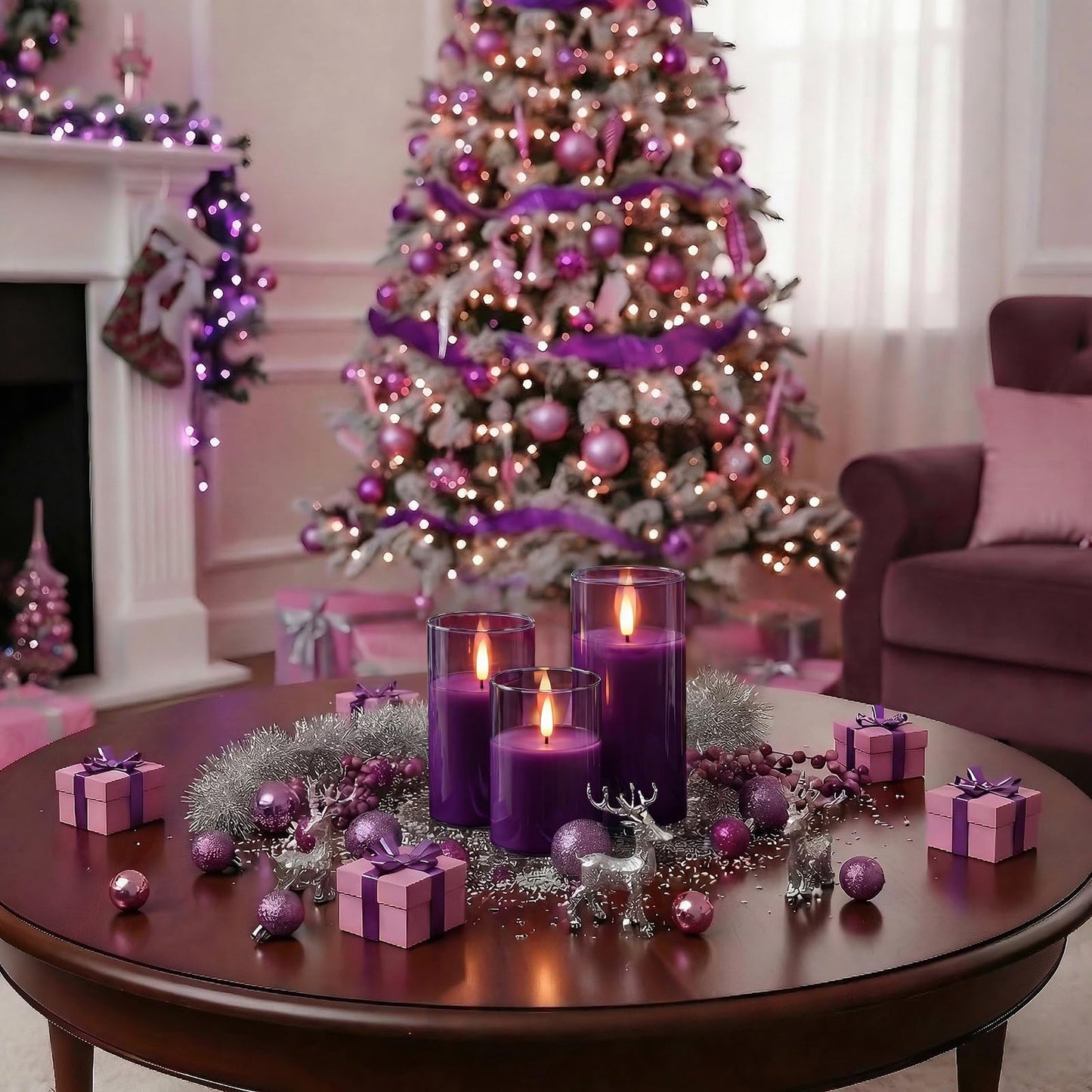 Homemory Purple Glass Flameless Candles, Battery Operated LED Pillar Candles with Remote Control and Timer, Radiance Candles, Real Wax, Set of 3,D3 xH4 5" 6"