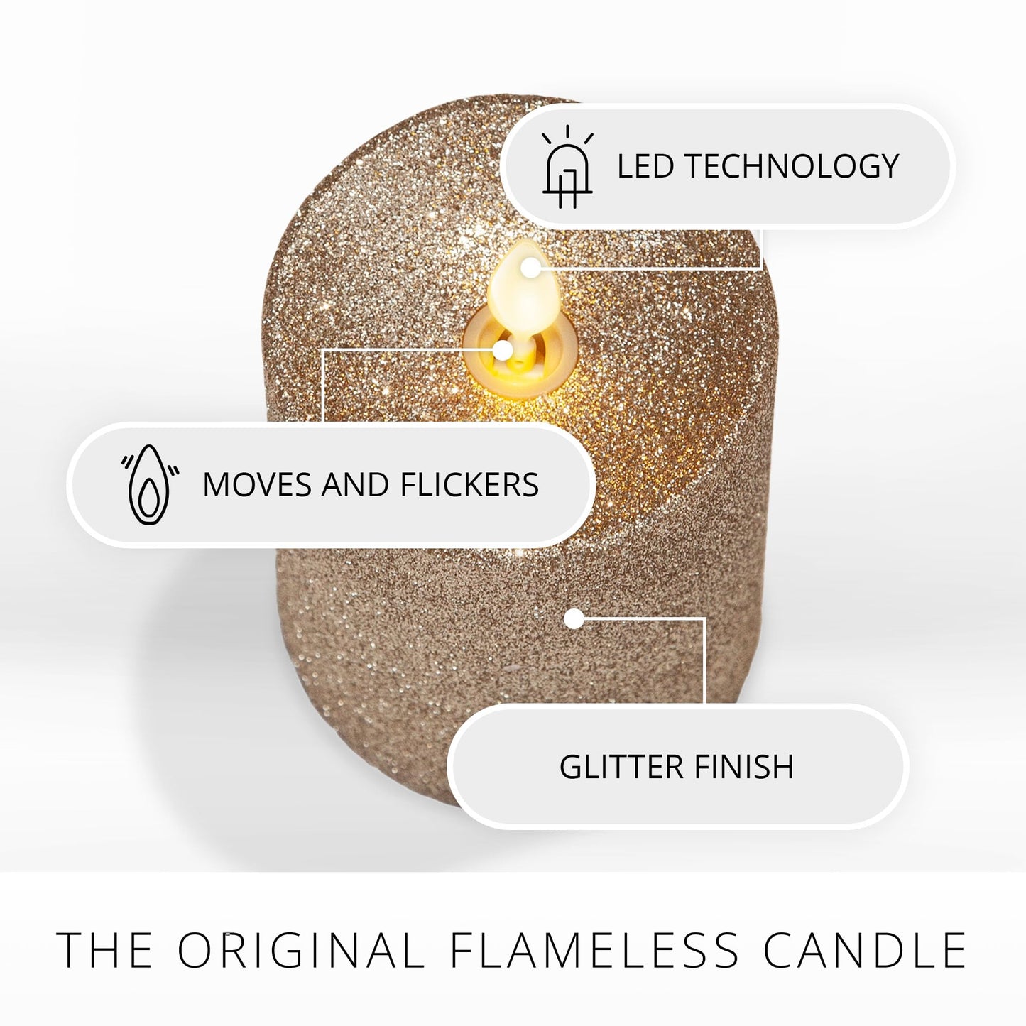 Luminara Realistic LED Moving Flame Pillar Candle, Gold Metallic Glitter, 3" x 4.5" Inch, Battery Operated w/Remote, Indoor Outdoor, Timer Function