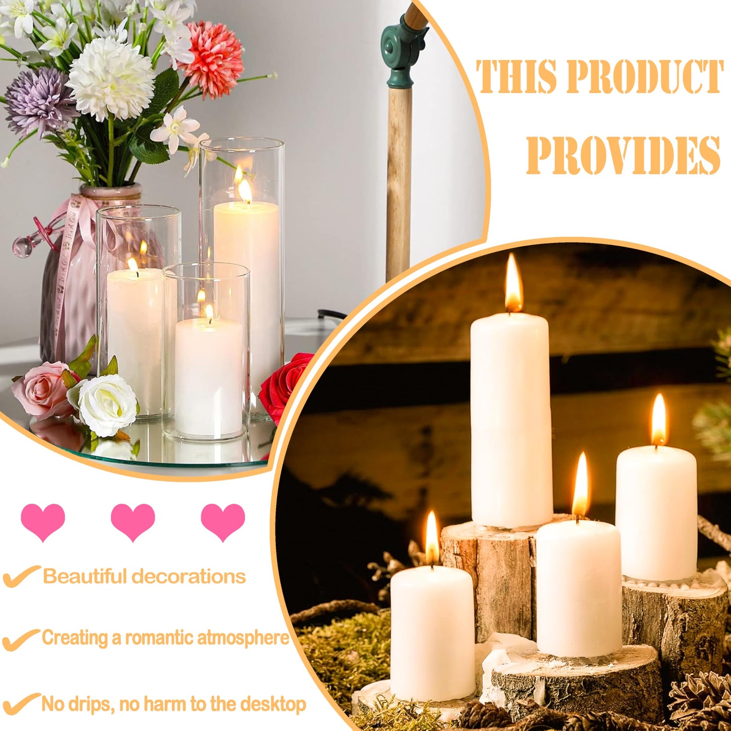 Veiuwa 18 Pcs Ivory Pillar Candles Bulk Set，2x3 2x6 2x8 Inch - 12 Each Size，Hurricane Candles，Dripless Unscented Smokeless，Gives You a Better Atmosphere When Organizing Wedding or Event Party.