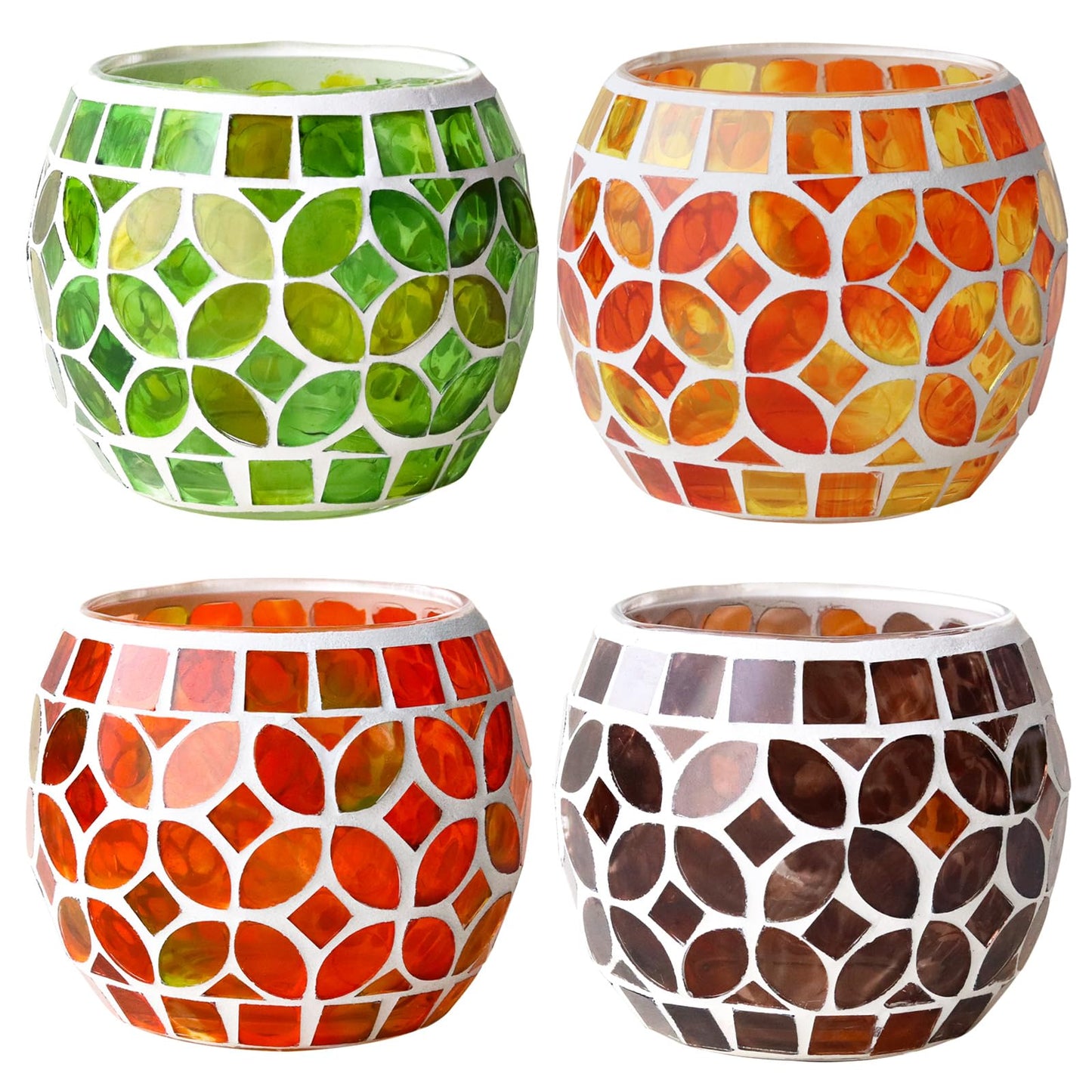 SHMILMH Mosaic Candle Holders Set of 4, Handmade Glass Tealight Votive Holders, Fall Thanksgiving Diwali Decor, Autumn Wedding Party Table Centerpiece, Brown Orange Green