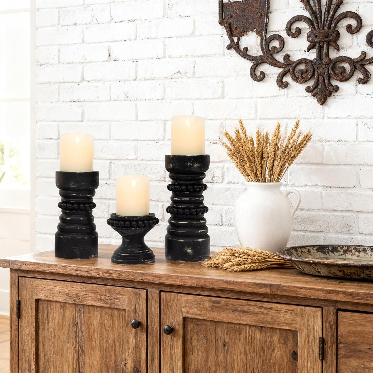 MODE HOME Rustic Black Wood Candle Holders Set of 3, Farmhouse Beaded Wood Pillar Candle Holder, Candle Holders for Pillar Candles & Candlesticks, Candle Sticks Holder Decor for Table Centerpiece
