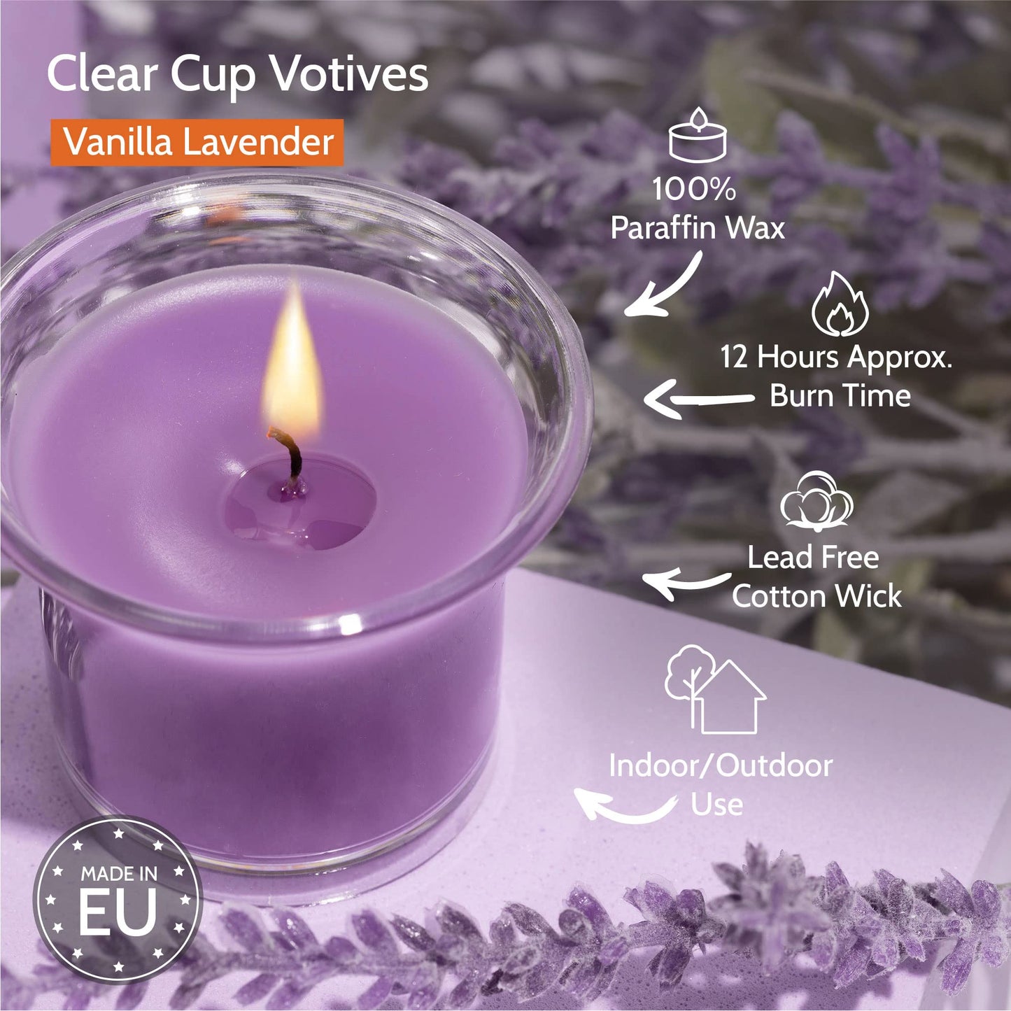 HYOOLA Clear Cup Scented Votive Candles - Vanilla Lavender - 12 Hour Burn Time - 4 Pack - European Made