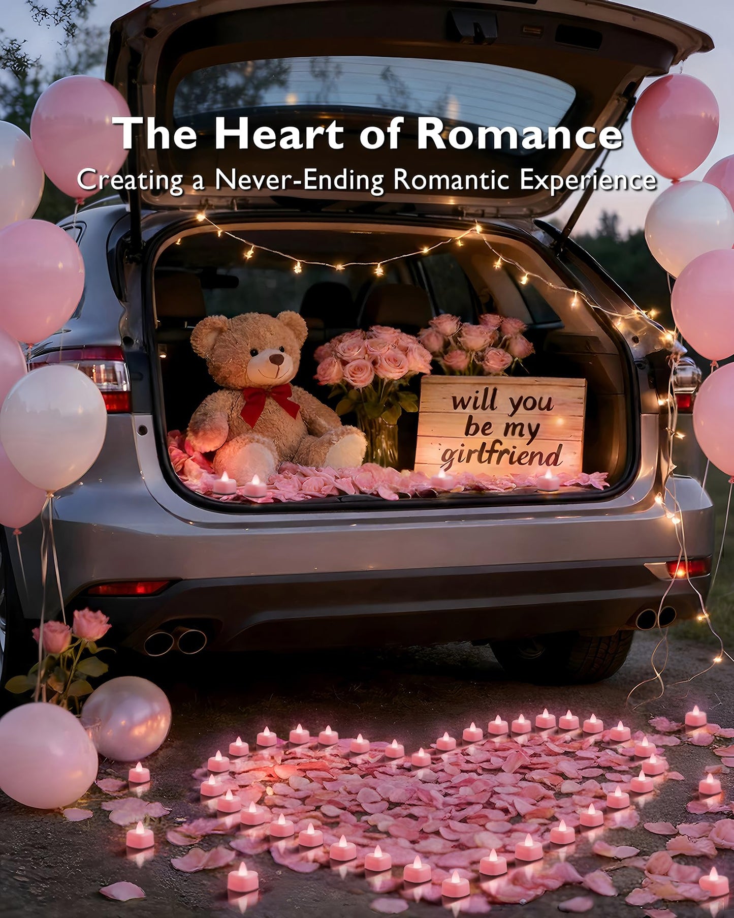 Amagic 4000 Pieces Pink Artificial Rose Petals with 50 Pink Heart LED Tea Lights, Rose Petals and Candles Set for Proposal, Anniversary, Romantic Night, Wedding Decor