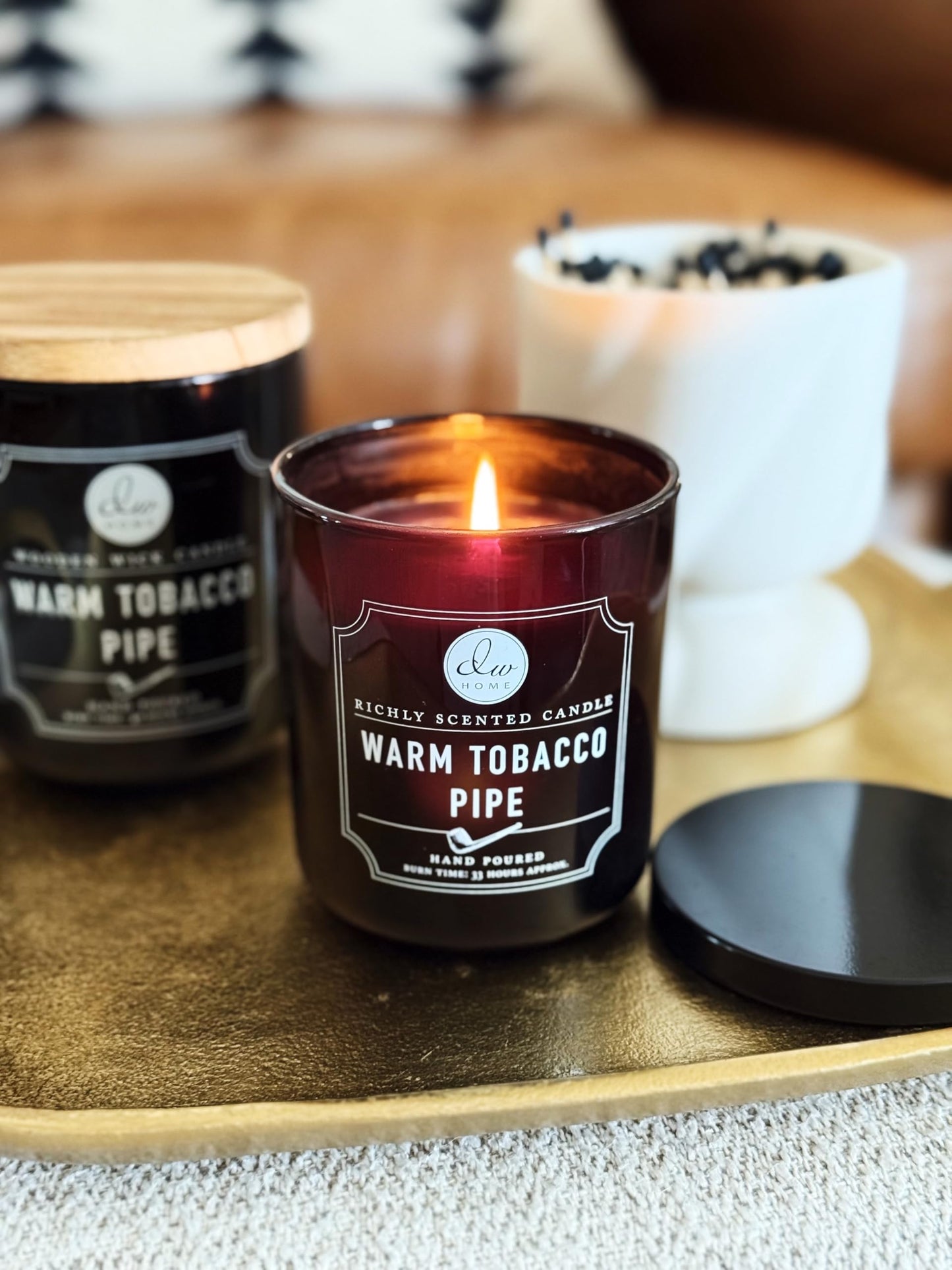 DW Home Warm Tobacco Pipe Scented Candles, 9 oz Single Wick Medium Jar, Up to 33 Hour Burn Time, Hand-Poured, Strong Long Lasting Woodsy Fragrance, Gifts for Men & Women