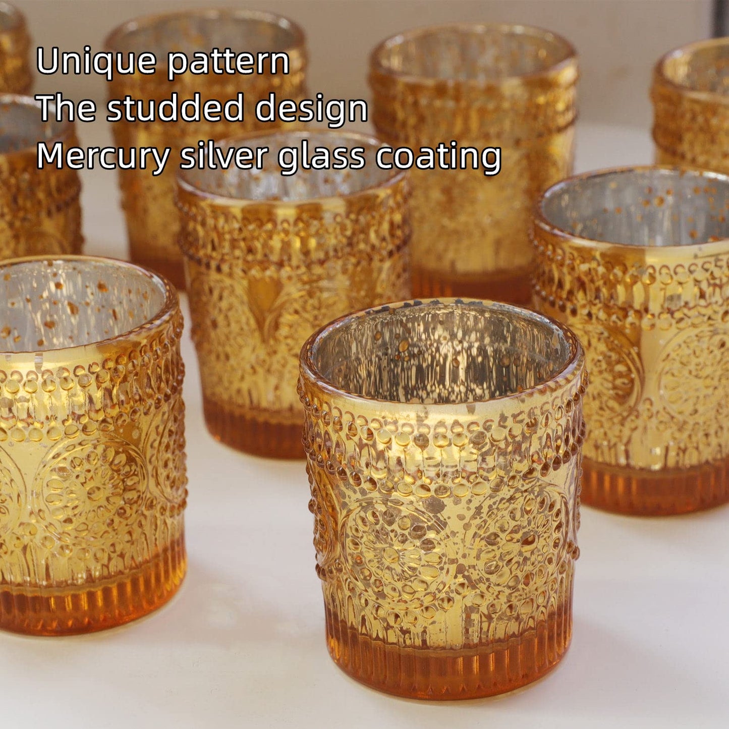 VOHO Gold Votive Candle Holders Set of 12, Gold Candle Holders Bulk for Wedding Table Centerpiece, Mercury Glass Tealight Candle Holder for Home Party Decoration (2.1'' x 2.6'', W/H)