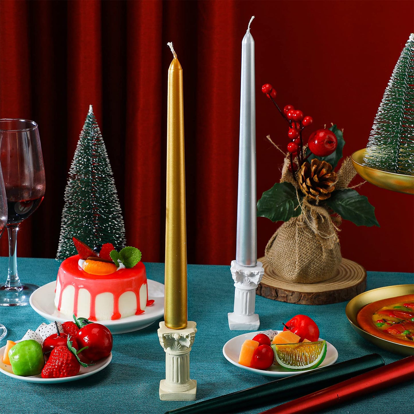 12 Pieces Christmas Taper Candles 10 Inch Tall Color Taper Candles Hand Poured Wax Candles Holiday Candles Dripless Taper for Christmas Wedding Birthday Celebration, Gold, Red, Silver, Green