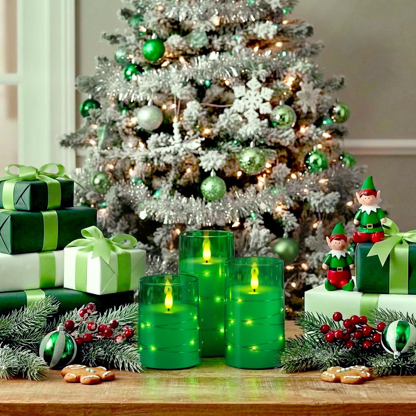 Homemory St. Patrick's Day Flameless Candles with Embedded Star String Fairy Lights, Green Battery Operated Candles, LED Candle, Fake Candles with Remote Control and Timer, Set of 3(H 4" 5" 6”)
