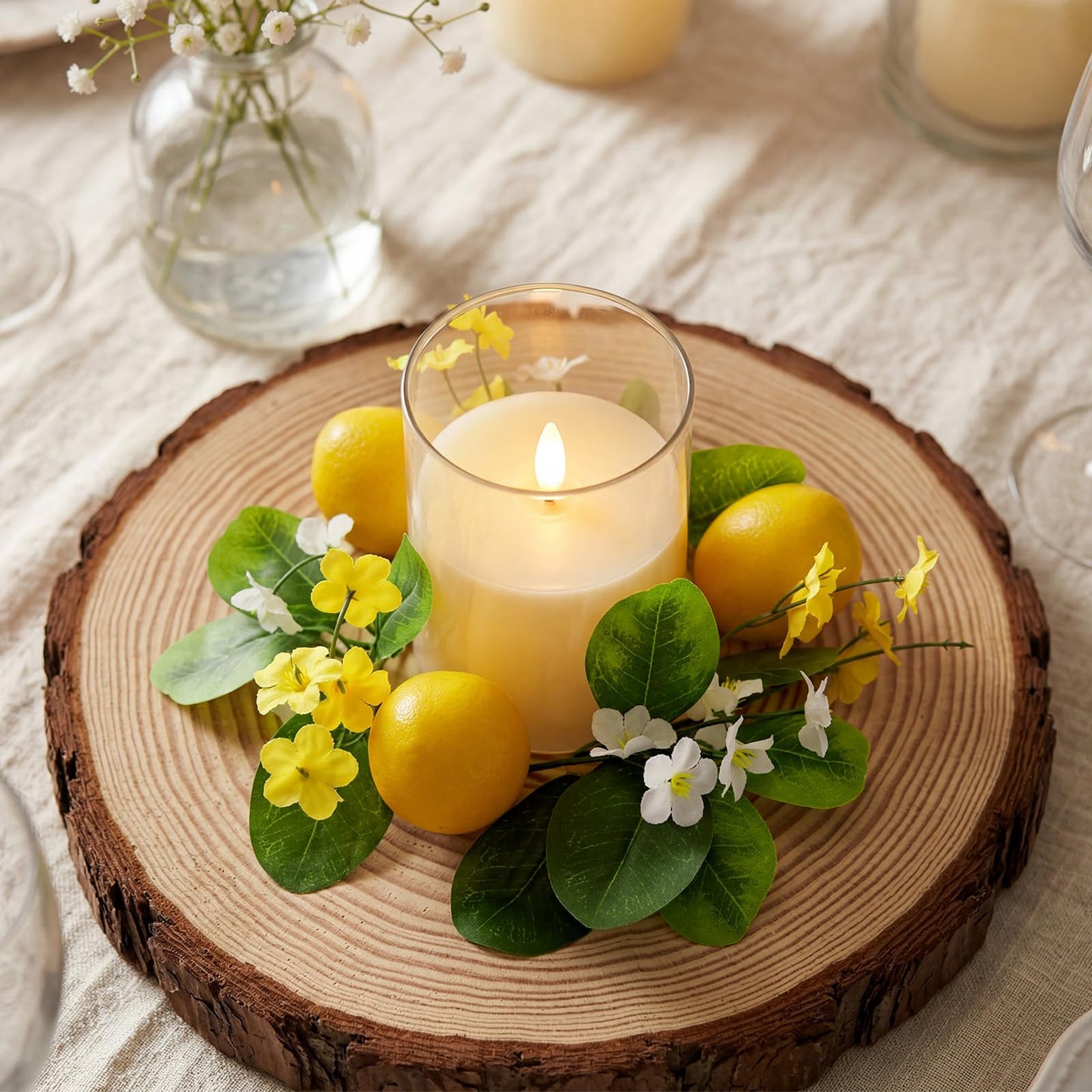 Yunlly 4 Pcs Artificial Lemon Candle Rings Wreaths Decorative Greenery Candle Holder with Yellow Lemons and White Flowers with LED Flameless Candles for Farmhouse Summer Wedding Home Table Centerpiece