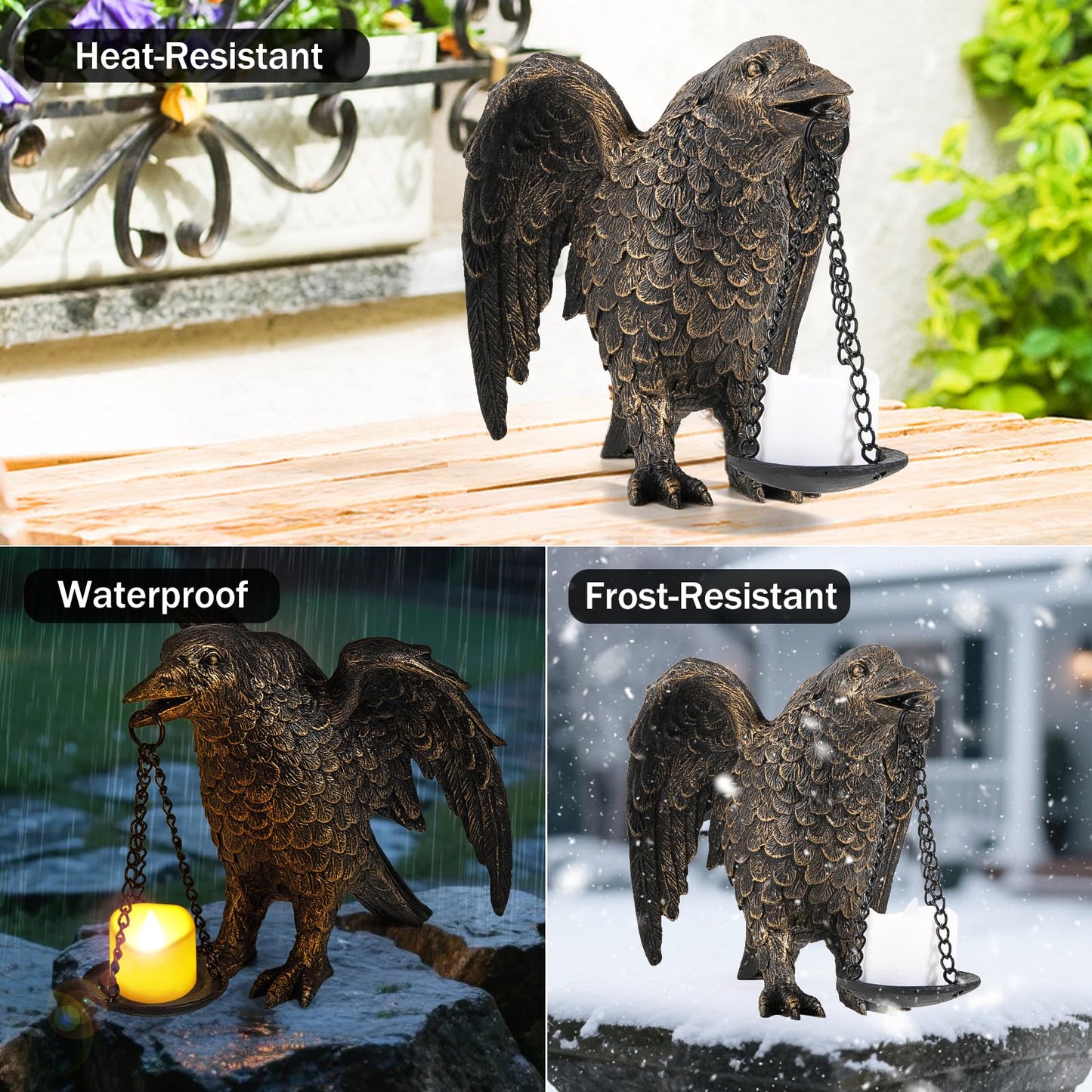 Halloween Decorations Spread Wings Raven Candle Holder Outdoor Garden Statue for Patio Decor Gothic Home Decor Half Gold