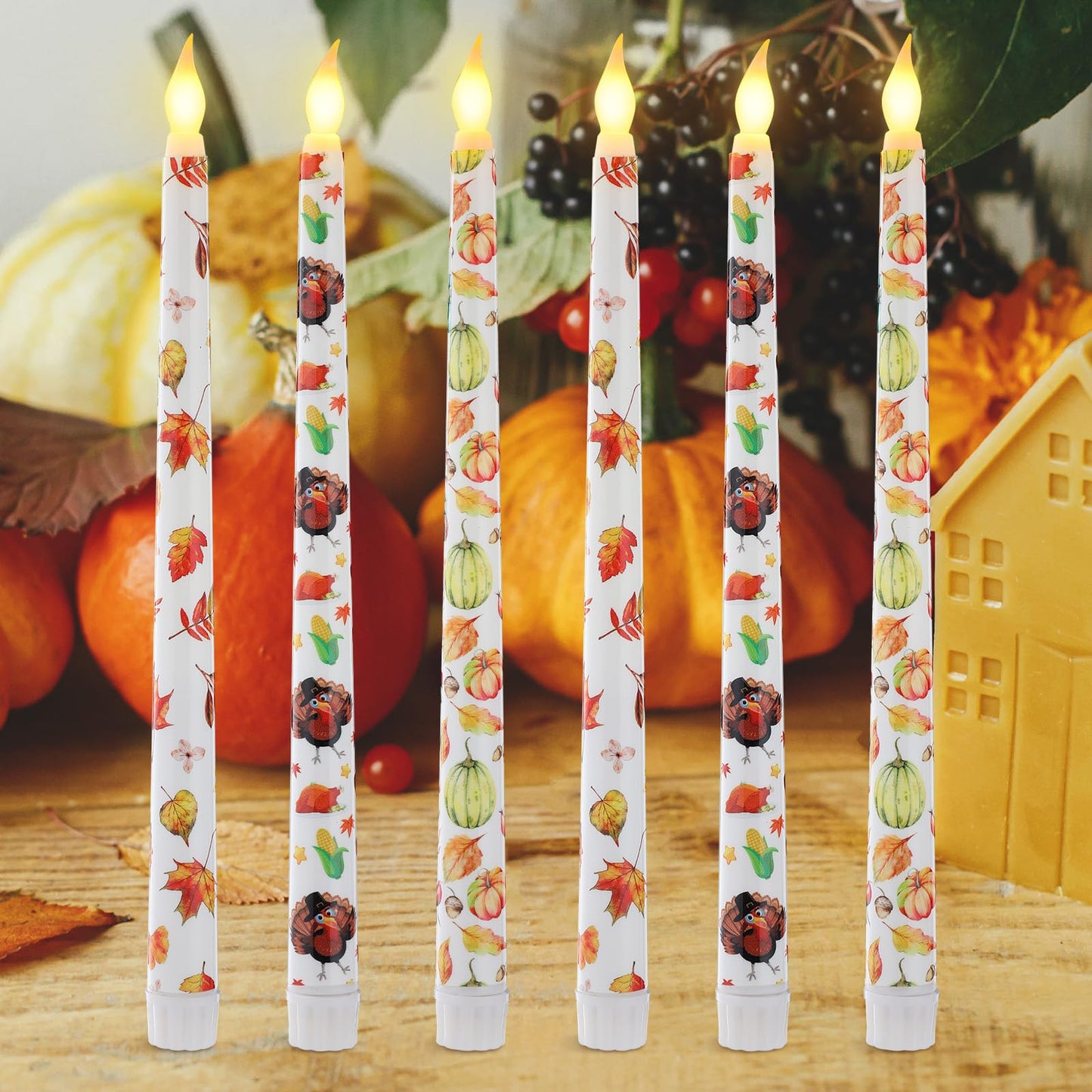 Kittmip 6 Pcs Thanksgiving Flameless Taper Candles 11 Inch Harvest Battery Operated LED Fall Leaves Pumpkin Turkey Candles Table Centerpiece for Home Party Decor