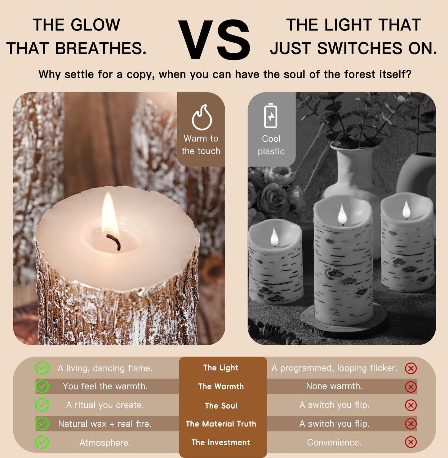 Classic Pine Tree Bark Texture Pillar Candles Set - Real Wax 3 Sizes (4", 5", 6" Tall) Rustic Decor Fireplace Candles, Unscented Woodland Style Pillar Candle for Home, Dining Table, Holiday Decor