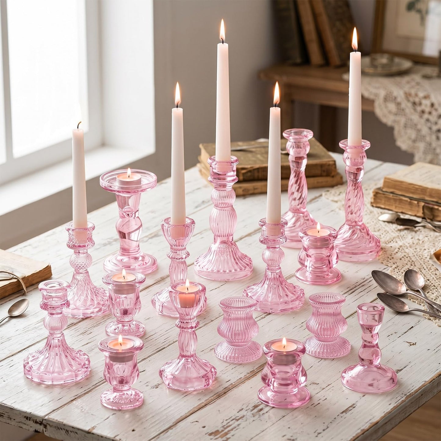 Mumufy 20 Pcs Glass Crystal Taper Candle Holders Clear Glass Candlestick Holder Fit 0.8 Inch Candles Crystal Decorative Candle Stand Centerpiece Table Wedding Dining Party(Pink)