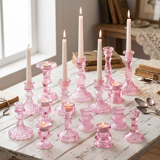 Mumufy 20 Pcs Glass Crystal Taper Candle Holders Clear Glass Candlestick Holder Fit 0.8 Inch Candles Crystal Decorative Candle Stand Centerpiece Table Wedding Dining Party(Pink)