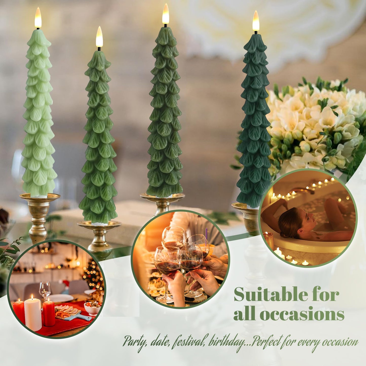 FCMSHAMD Gradient Green Christmas Trees Flickering Flameless Candles with Remote and Timer, Real Wax 3D Flame Wick LED Candles, 9.8 Inch Battery Operated Candles for Christmas Home Decoration，4PCS