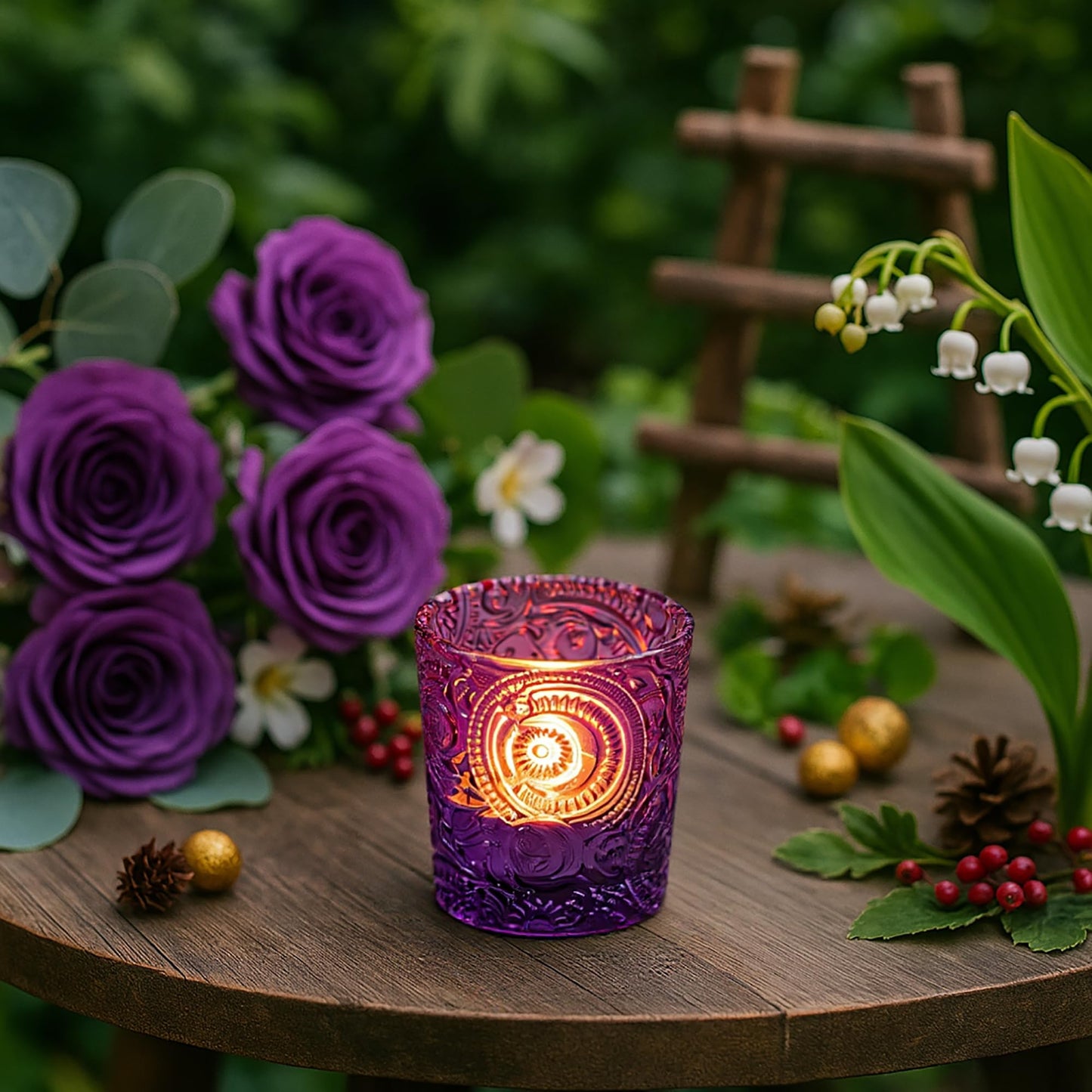 6 Pack Sun Moon Star Embossed Glass Tea Light Candle Holders - Votive Candle Holders for Wedding, Party, Home Decor, and Table Centerpieces (Amethyst Purple)