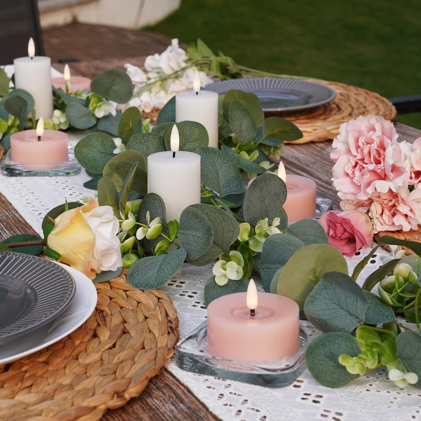 Rhytsing 4pcs Artificial Eucalyptus Leaves Candle Rings, Wreaths of Pillar Candles for Wedding and Home Decoration, Green Candlestick Holders for Spring and Summer - Inner Diameter: 3.5"