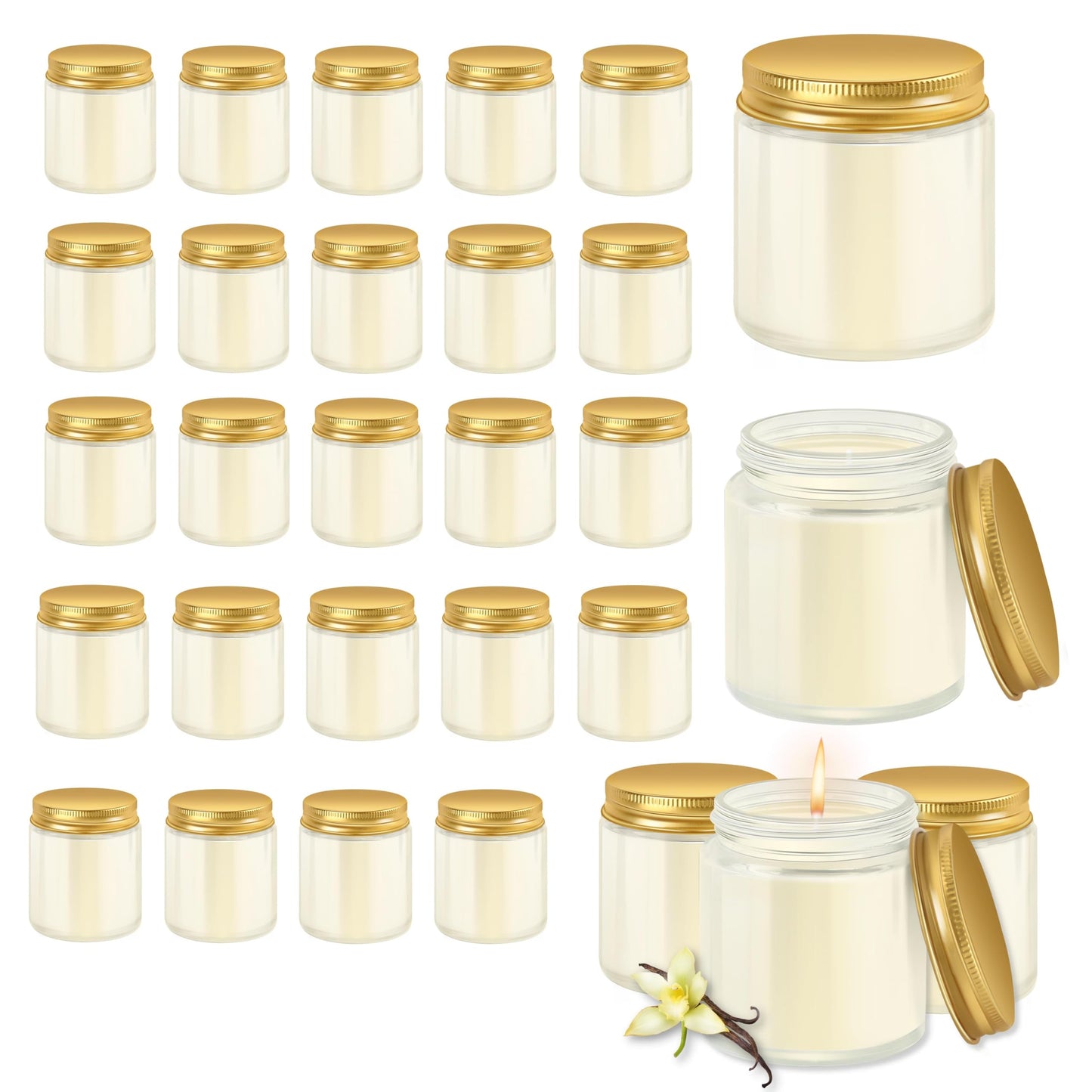 Cmoott 24 Pcs 4 Oz Mason Jar Candles, Vanilla Scented Soy Candles Bulk Set for Stress Relief and Relaxation, Great Favors for Wedding, Christmas, Housewarming Gifts (Gold, Vanilla, 24)