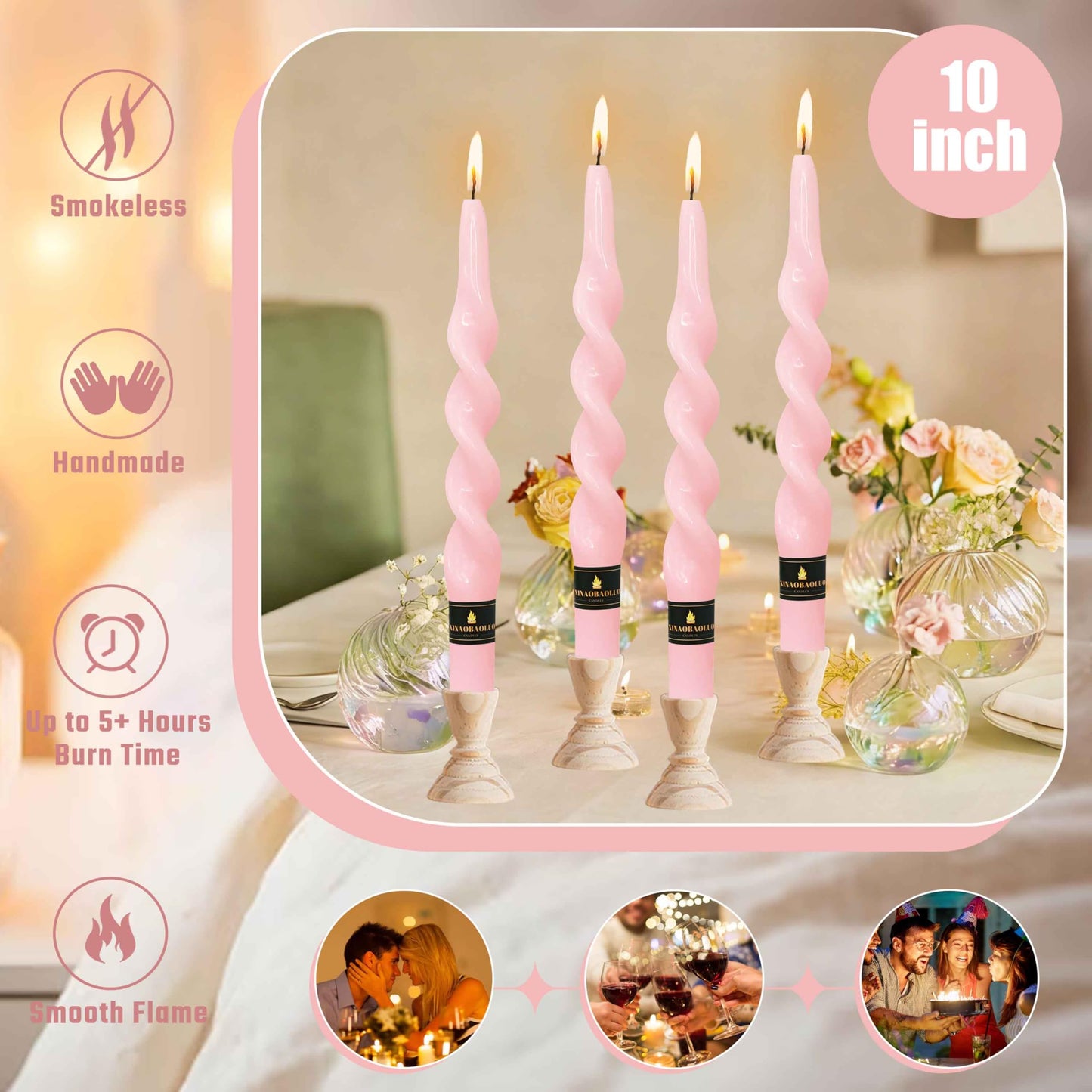 Unscented Taper Candle Pink Candlesticks 4 PCS Candle Stick Candle for Christmas Dinner Household Wedding Party Home Décor Candlesticks