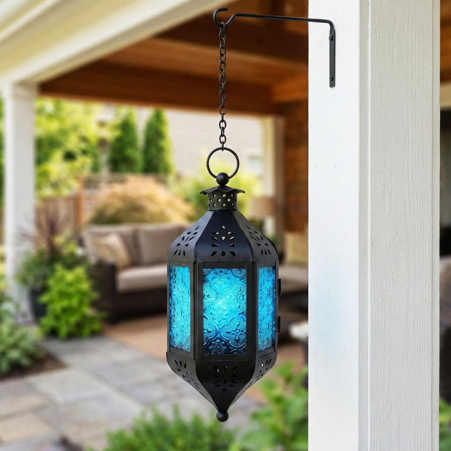Vela Lanterns Hanging Moroccan Lamp - Exotic Decorative Patio & Porch Decor, Indoor Outdoor Tea Light Candle Lantern Holder with Chain (11" Medium, Blue Glass, 3-Pack)