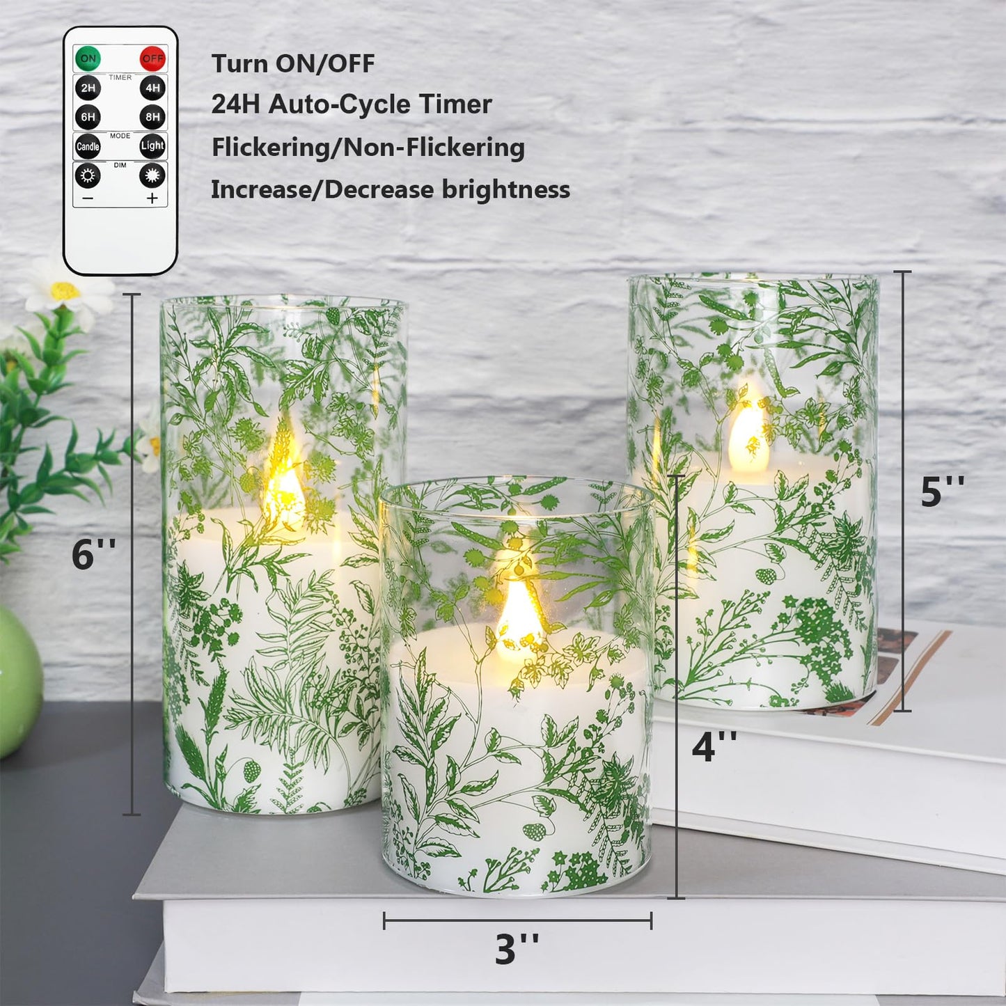 Impress Life Flameless Candles with Remote, 3PC Battery Operated LED Flickering Glass Candles, Real Wax Leaves Candles for Wedding Patry Home Decor