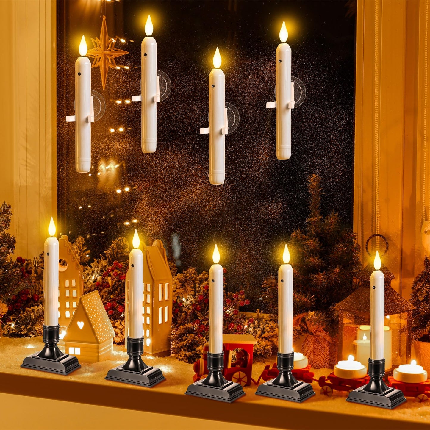 Yungyan 12 Set 8.8 Inch Christmas Window Candles with Sensor Dusk to Dawn Bulk Battery Operated Window Lights with Suction Cups and Holders Flameless LED Taper Candles for Xmas Home Decor(Roman Style)