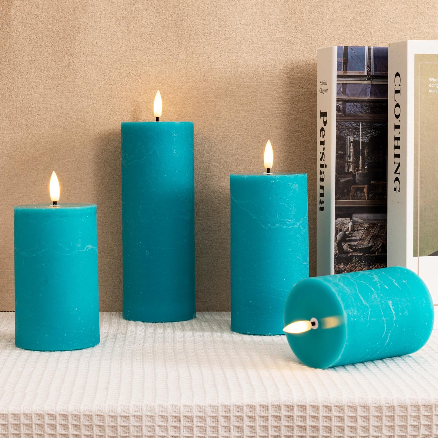 AFINETH Teal Flameless Pillar Candles, Battery Operated Candles with Remote, Real Wax Flickering LED Candles for Home Party Wedding Holiday Decor, Set of 4, Φ 3" H 4" 5" 6" 8"