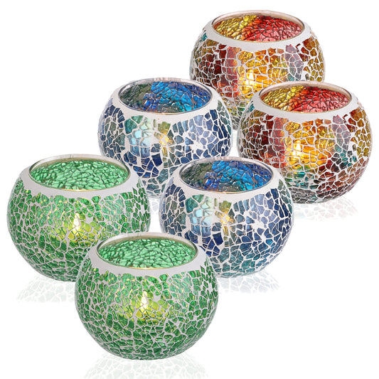 OwnMy 6PCS Mosaic Glass Tealight Holders: Round Votive Candle Holders & Stands for Table Centerpieces, Multicolor Glass Mosaic Tealight Holders, Small Potted Plant Bowl Candle Vases