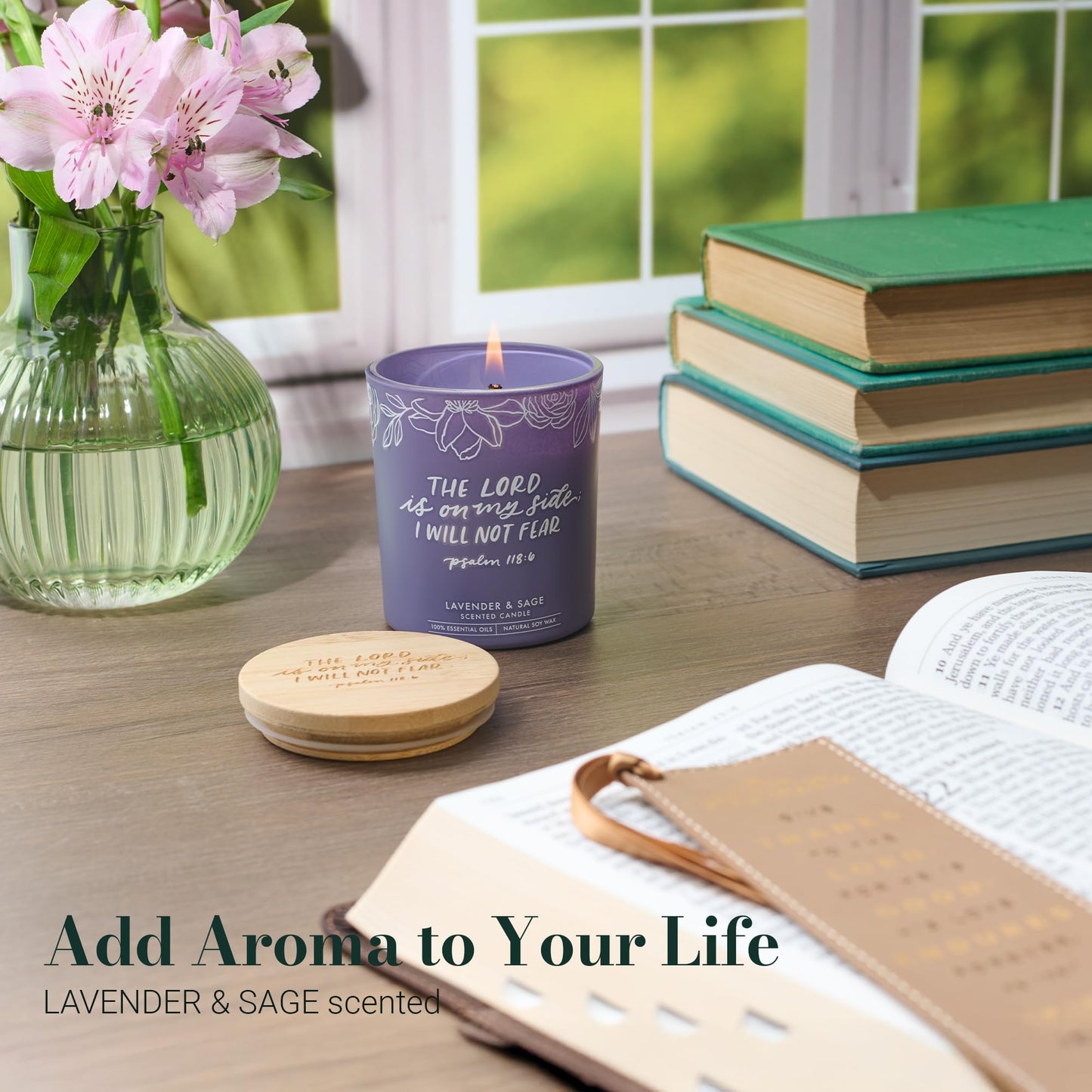 Christian Art Gifts Soy Wax Scented Candle: Lavender & Sage Scent, Psalm 118:6 Bible Verse, Pure Essential Oils, 4.5 oz, Up to 20 Hours Burn Time, Glass Jar w/Bamboo Lid, Encouragement Gift for Women