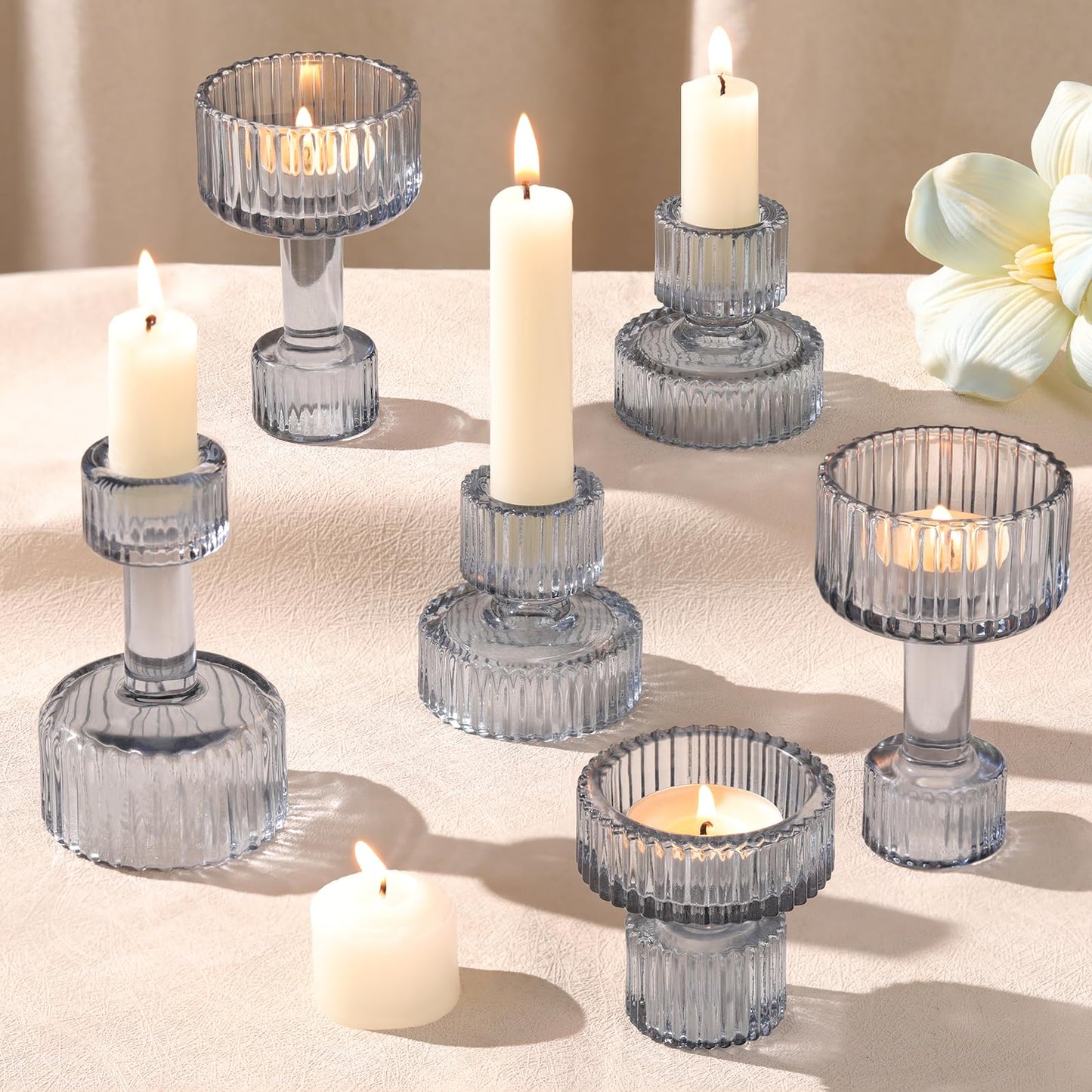 Candlestick Holders Bulk, 6 Pcs Blue Combination Candle Holders Set, Crystal Candle Holders for Wedding, Table Centerpiece, Home Decoration