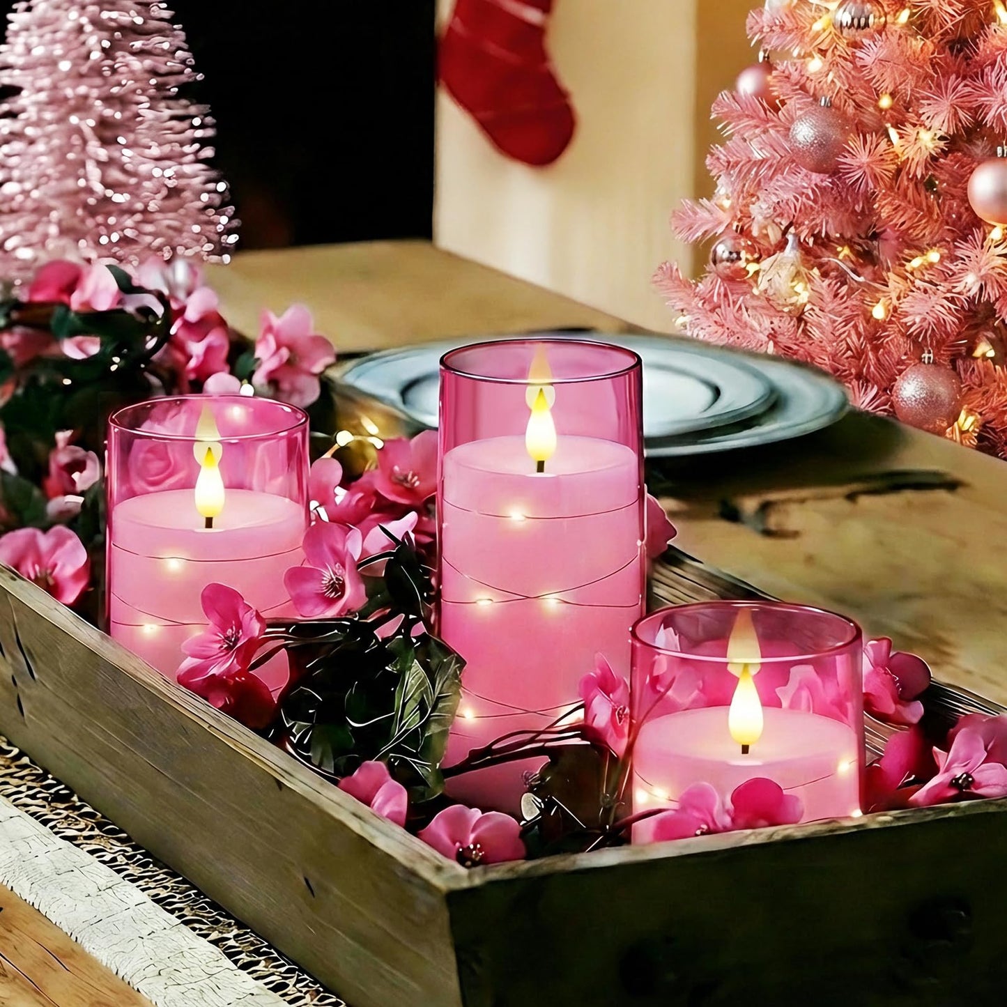Homemory Flameless Pink Candles with Embedded Star String Fairy Lights, Battery Operated Candles, LED Candle, Fake Candles with Remote Control and Timer, Set of 3(H 4" 5" 6”)
