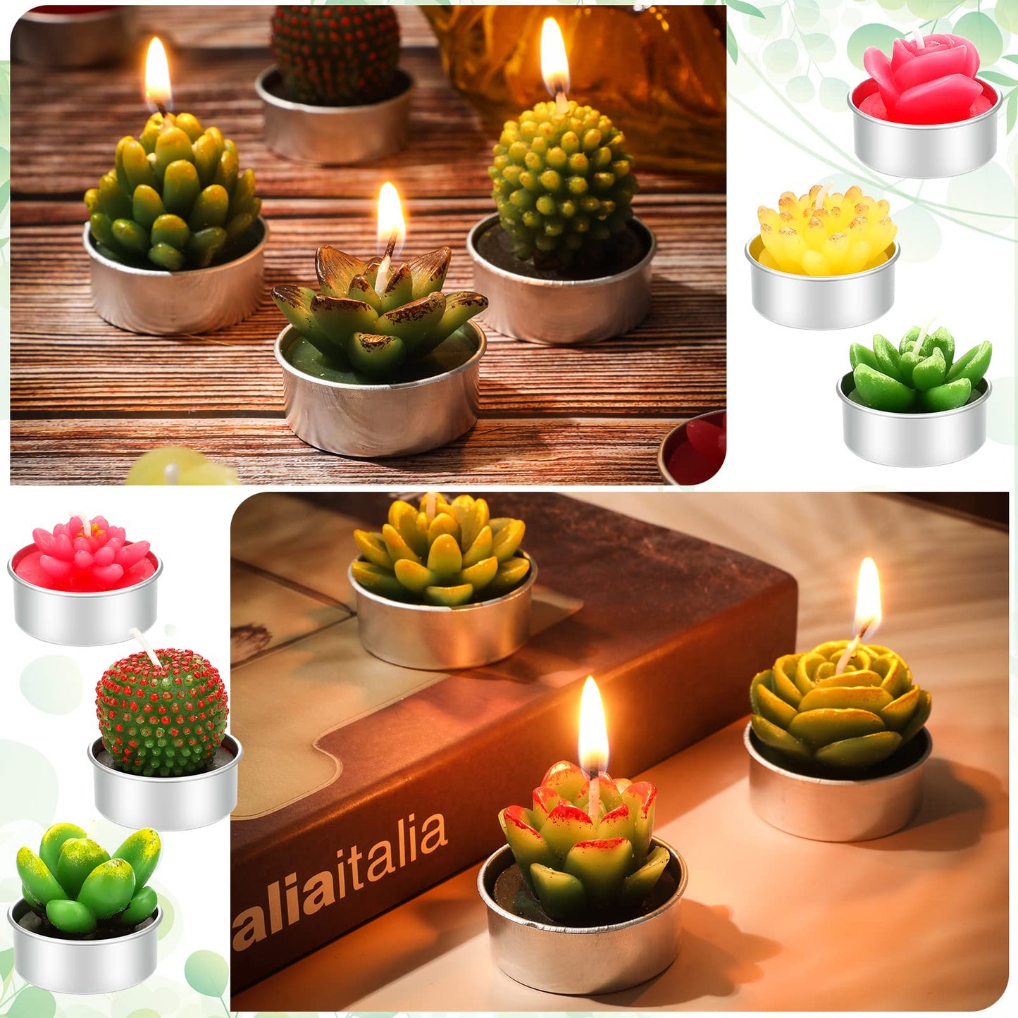 Lounsweer 72 Pcs Cactus Tealight Candles Artificial Succulents Tealight Candles for Birthday Shower Wedding Spa Party Favors Gifts Home Decor