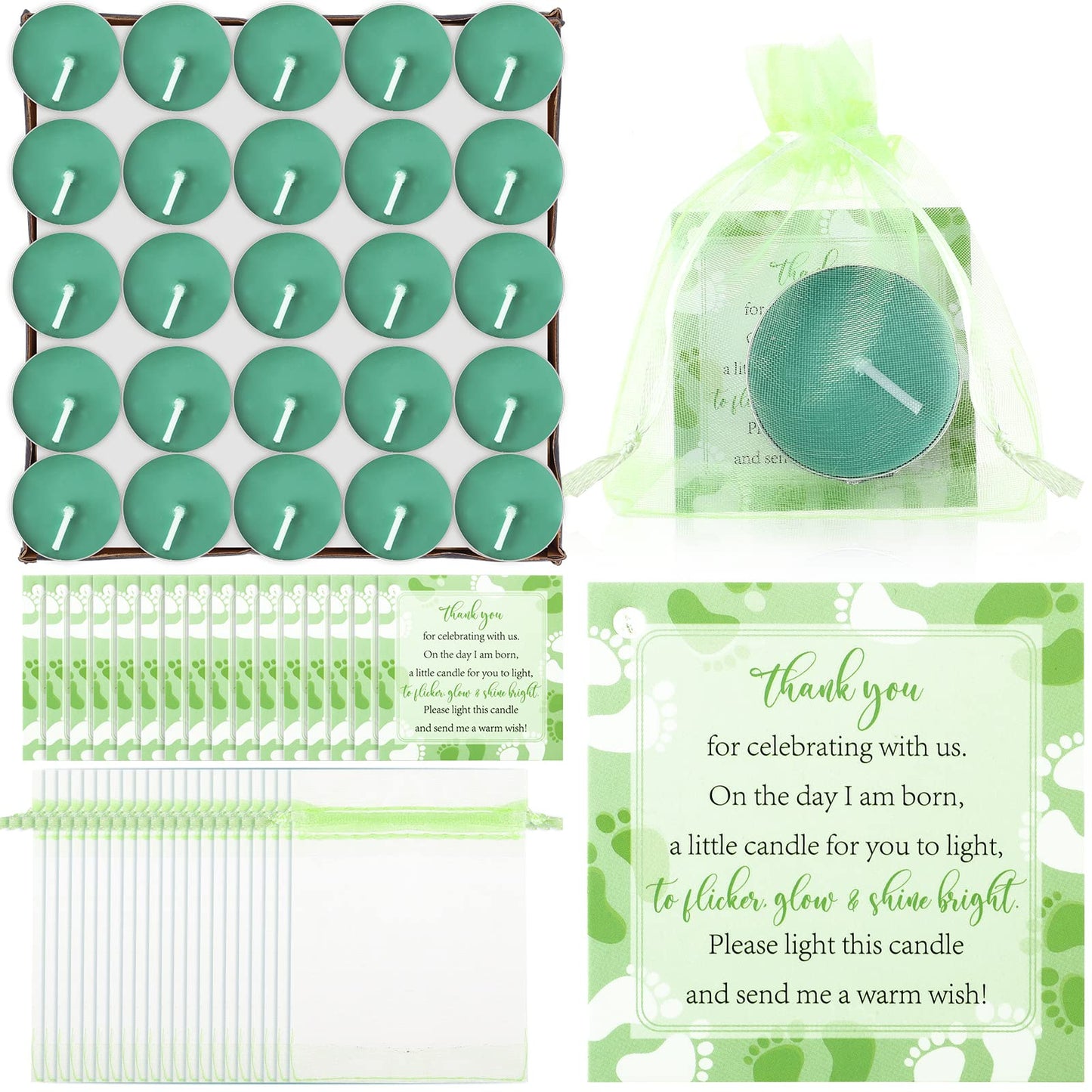 50 Sets Baby Shower Party Favors Including 50 Pcs Unscented Tealight Baby Shower Candles Gift Bags Cards for Gender Reveal Party Supplies(Green)