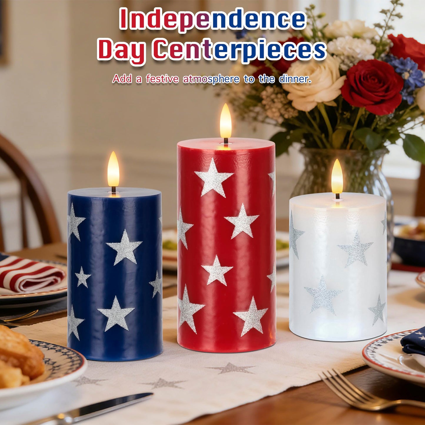 4th of July Flameless Pillar Candles with Remote, 250th Anniversary Patriotic Red White and Blue Battery Operated Candle with Star Sticker, Independence Day Decorations for Home Party Table Fireplace