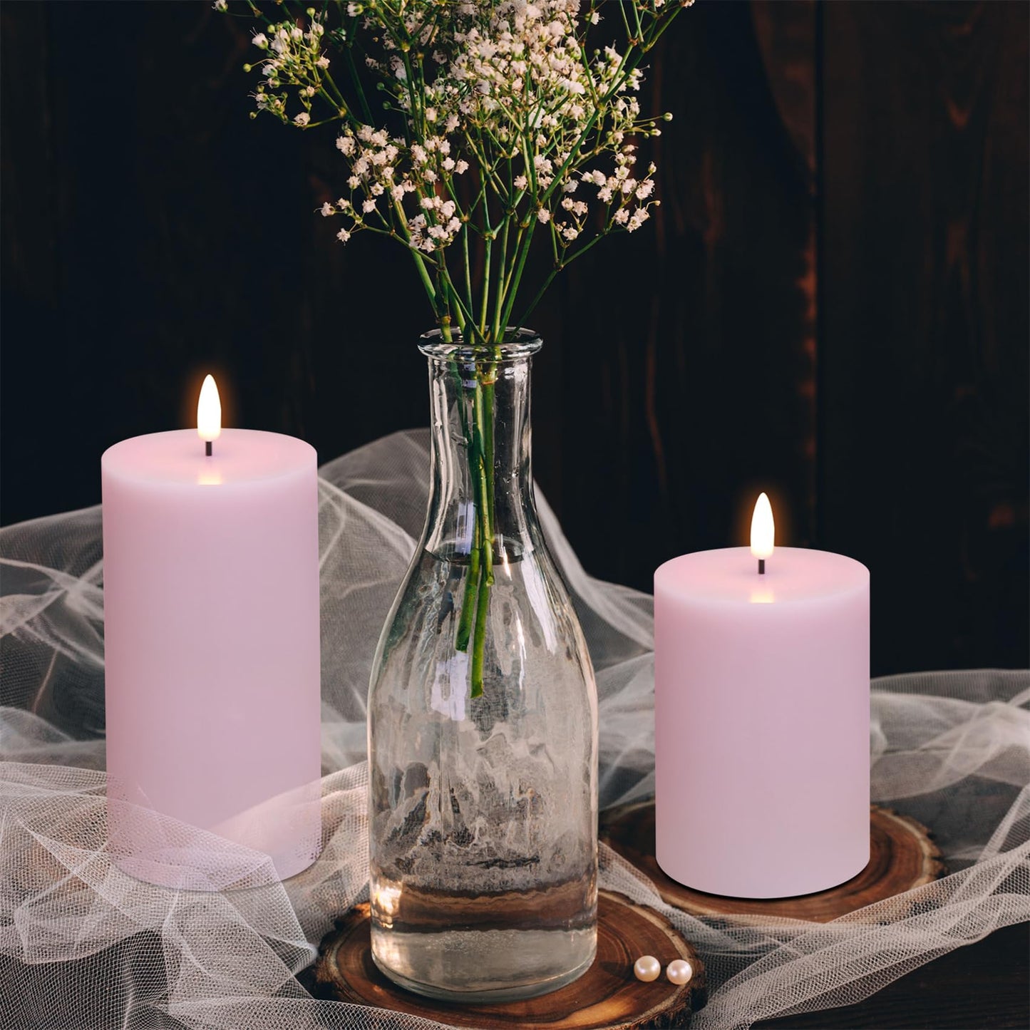 Girimax Pink Flameless Pillar Candles with Remote, LED Candles Battery Operated, Real Wax Flickering Electric Fake Candles Set of 3