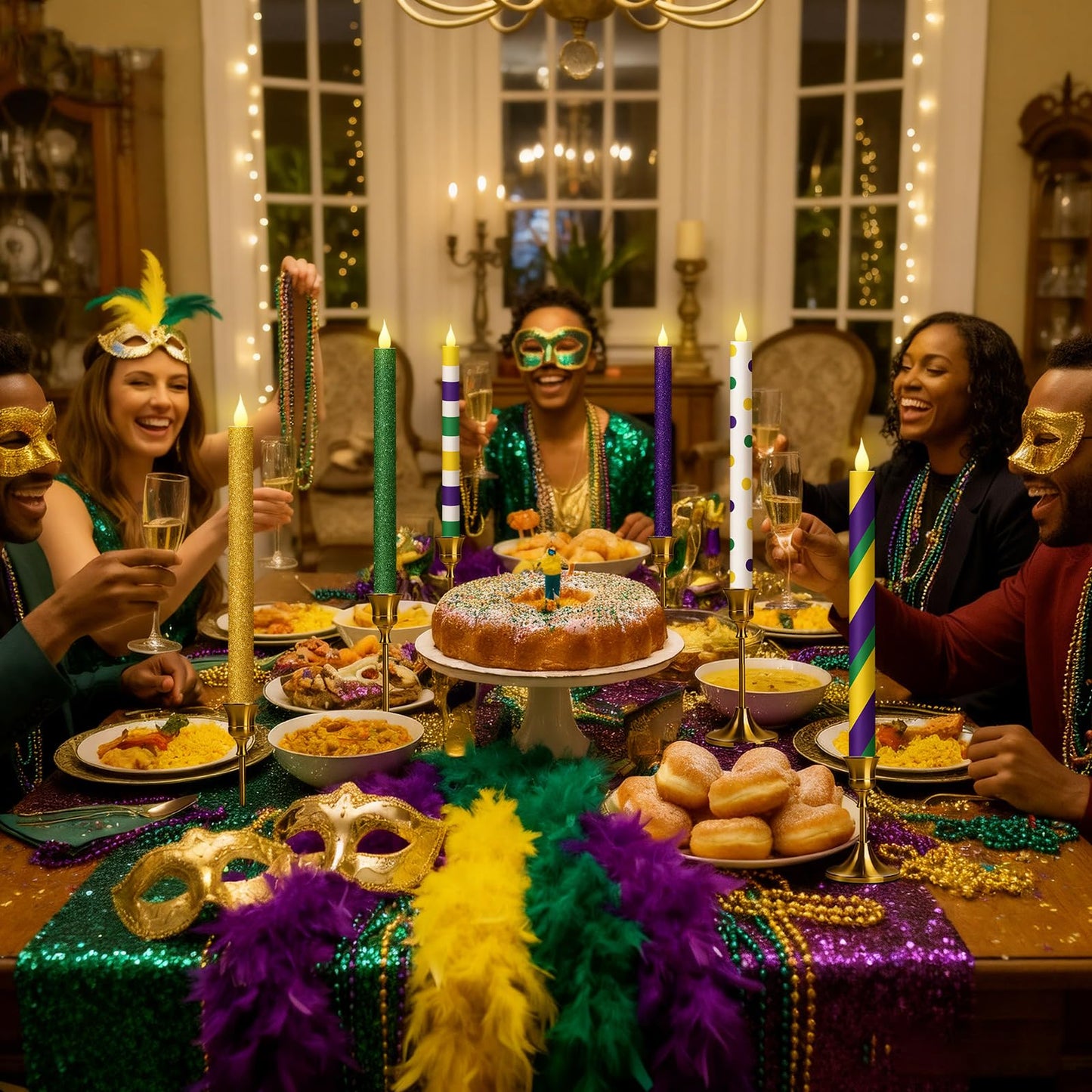 Honoson 6 Pcs Mardi Gras Flameless Taper Candles 10.6 Inch Purple Green and Gold Candles Battery Operated LED Candlesticks for Mardi Gras Dinner Table Centerpiece Indoor Outdoor Party Home Decor
