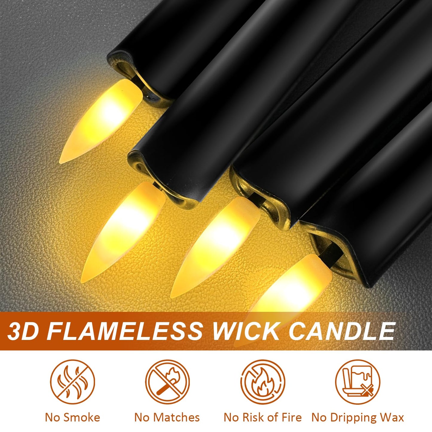 Sunjas 6PCS Flameless Taper Candles with 3D Flickering Flame Battery Operated Candles with 2 Remote with Button Cell Battery 10 Inch Black LED Candlesticks Window Candle for Christmas Home Decor