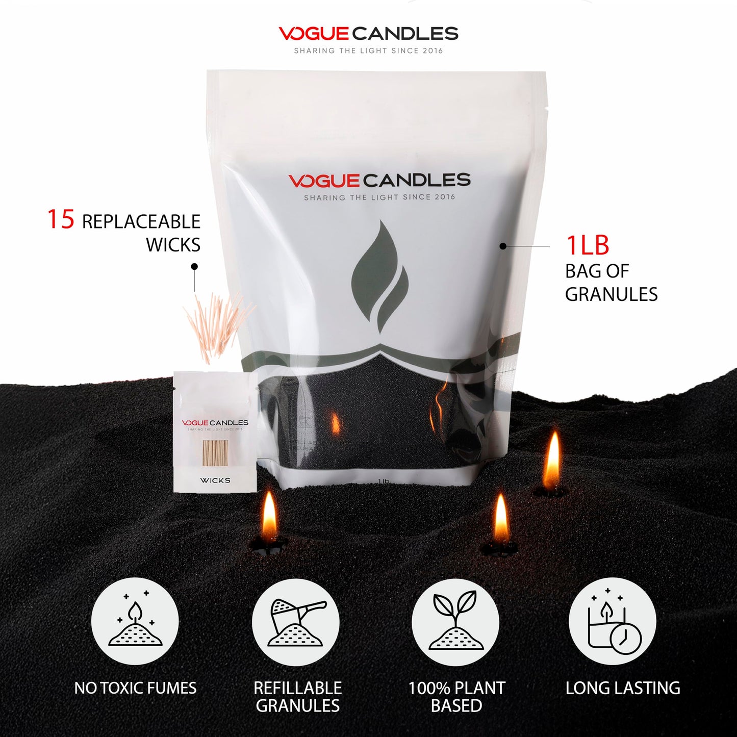 Vogue Candles Black Pearled Candle Sand Wax (1 LB) – Sand Candle Kit with 15 Cotton Wicks for DIY Home Lighting – Plant-Based & Reusable Wax Granules Refill for Custom Vessels, Décor and Dad Gifts