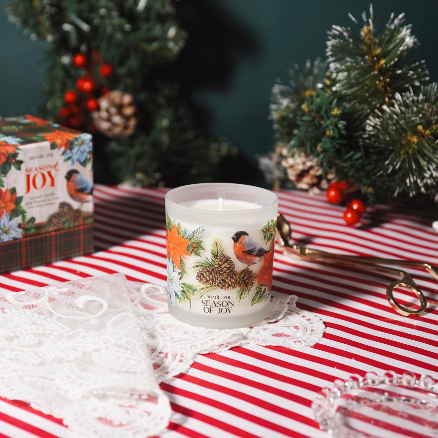 ROMIIE ZOI Christmas Scented Jar Candle - 6oz Soy Wax Candle - Season of Joy Infused with Winter Greenery Aroma - with Beautiful Keepsake Box Special for Christmas/Holiday Gifts