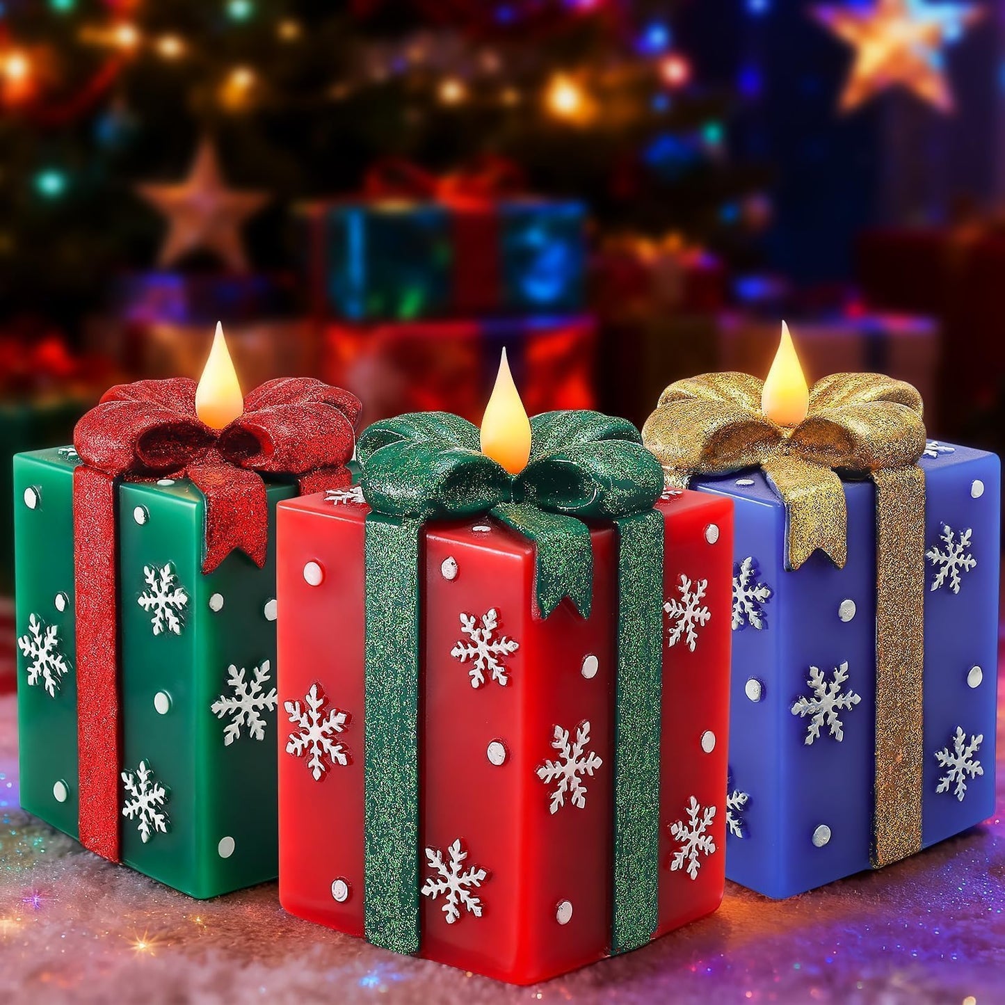 LCZLUMIPRO 3 Pcs Elegant Gift Box Flameless Candles with Remote Timer - Hand-Painted Real Wax LED Candles, Battery Operated for Christmas, Home, Party Decor (Red/Green/Blue)
