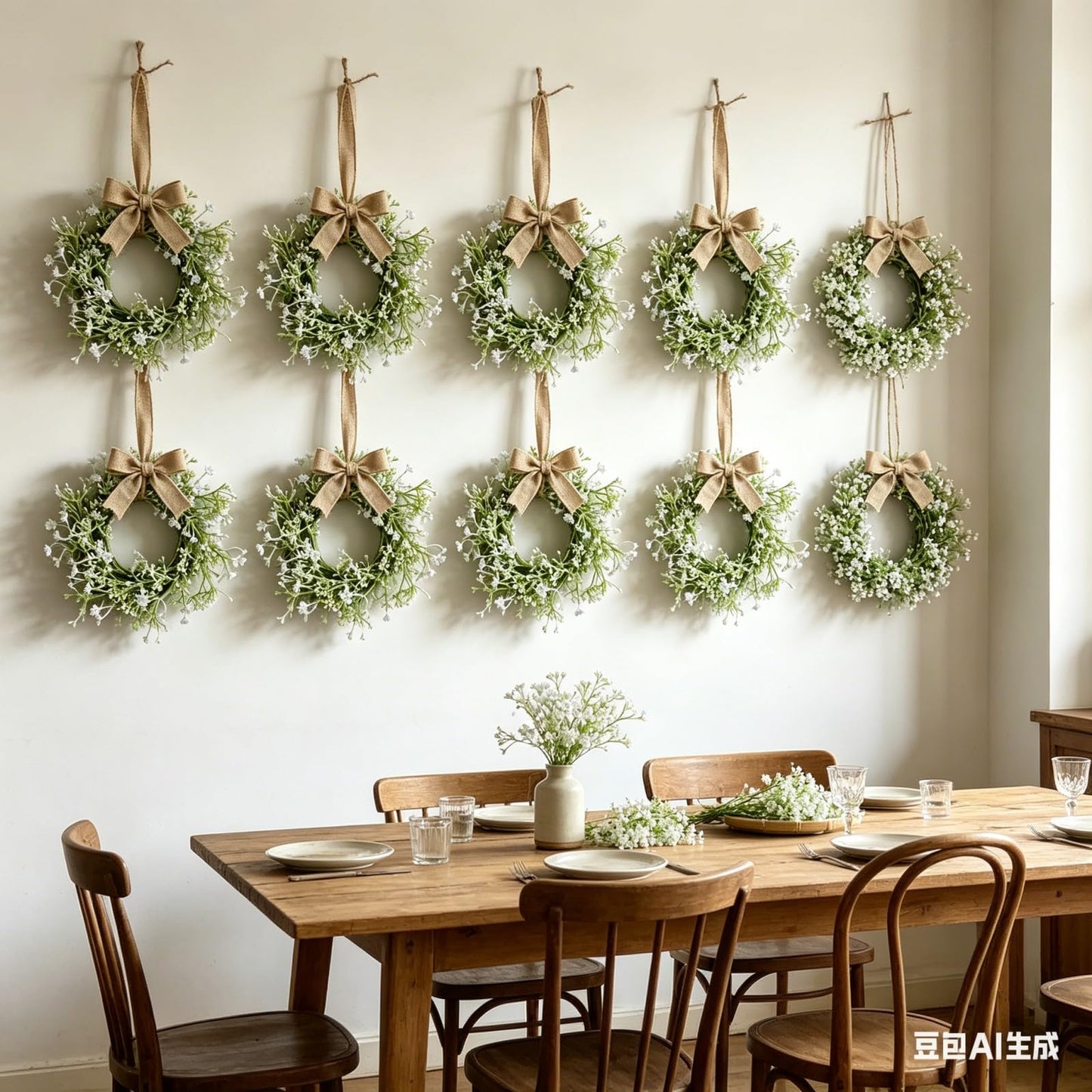 12 Pcs Mini Baby Breath Hanging Wreaths Gypsophila Candle Rings Pillar Holder Wreath Artificial Flower Spring Summer Floral Wreath for Wedding Farmhouse Porch Cabinets Table Decoration