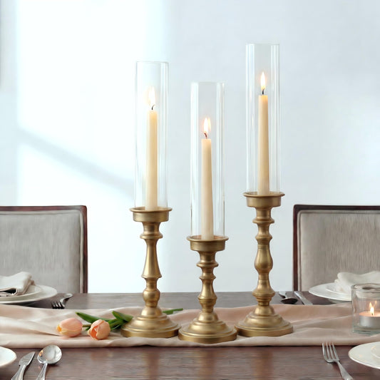 NUPTIO Hurricane Candle Holder for Centerpiece: Set of 3 Gold Candlestick Holders with Glass Shade - Vintage Taper Candleholder for Christmas Dining Table Fireplace Mantle Decor