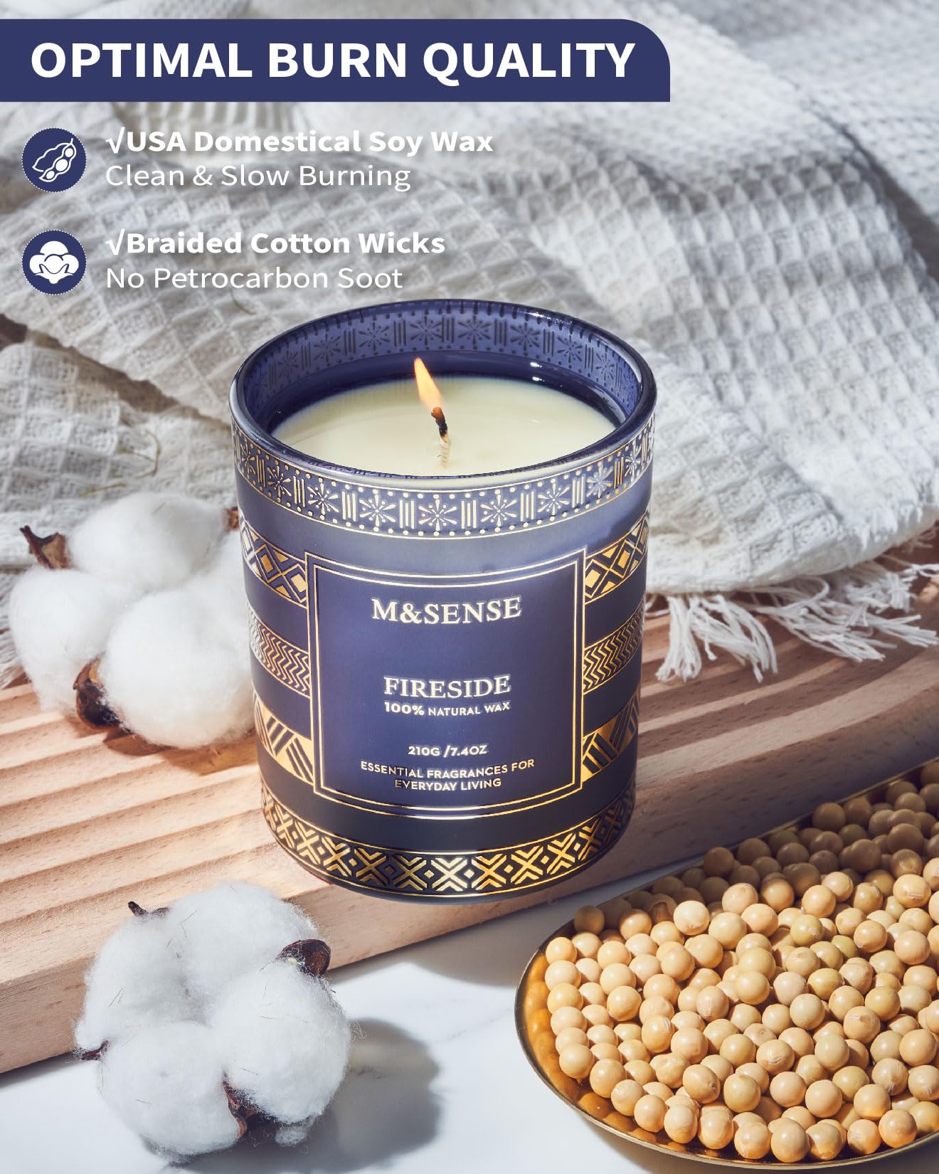 M&SENSE Fireside Scented Candle for Men, Masculine 7.4oz Winter Home Fragrance, Luxury Candle for Cozy Winter Room Decor, Housewarming New Year Gifts