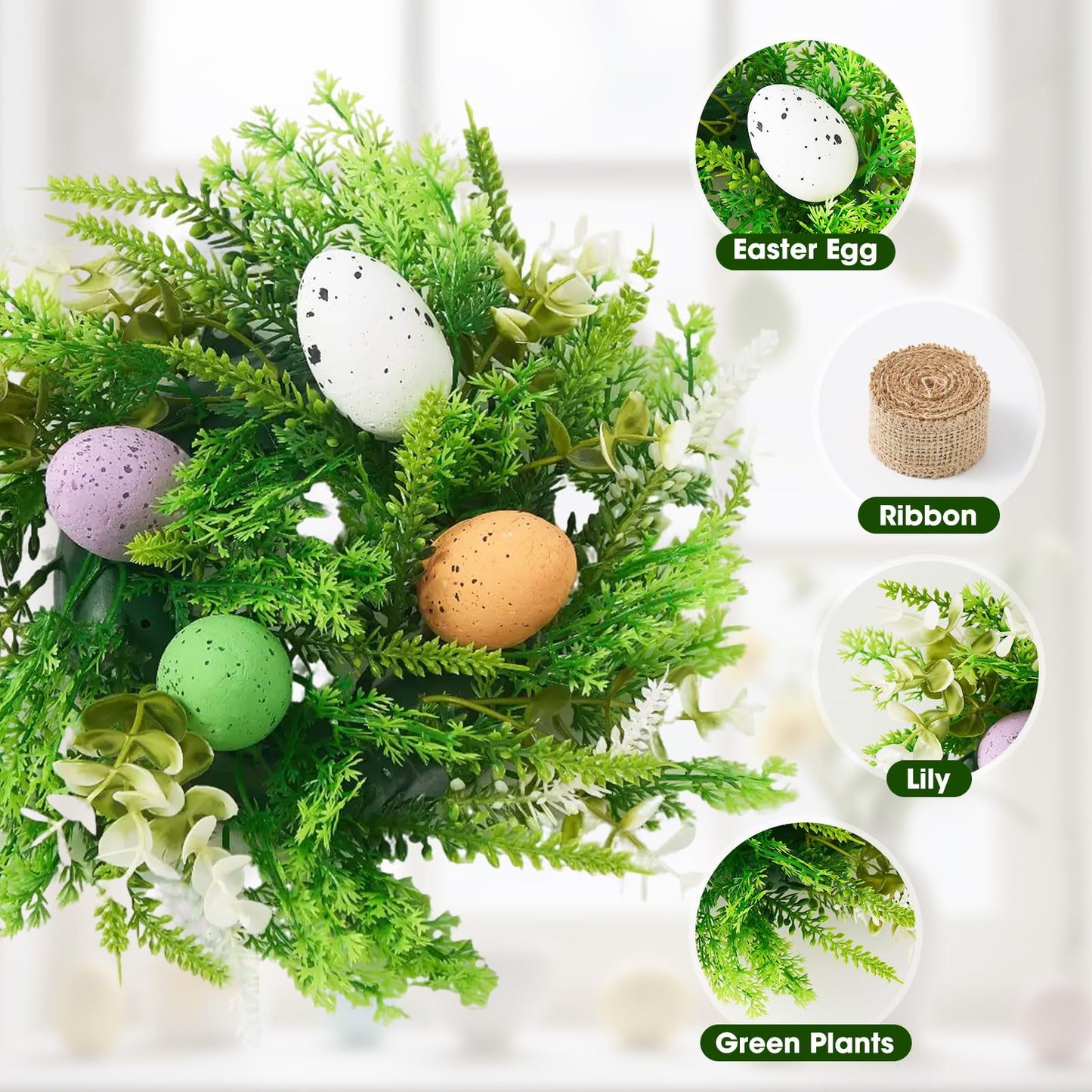 Easter Wreath 4Pcs, 11.8 Inch Easter Wreath with Ribbon, Artificial Egg Lily Green Plants Wreath, Hanging/Tabletop/Candle Ring Decor for Home Front Door, Porch, Wall, Window, Cabinets