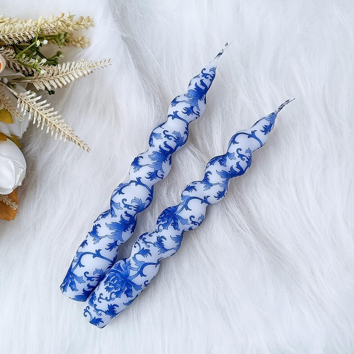 NJAO HOO Floral Taper Candles 7.5 in Spiral Candlesticks Hand Printed Blue and White Candlestick Twisted Taper Candle for Home Garden Decor 2 Pack