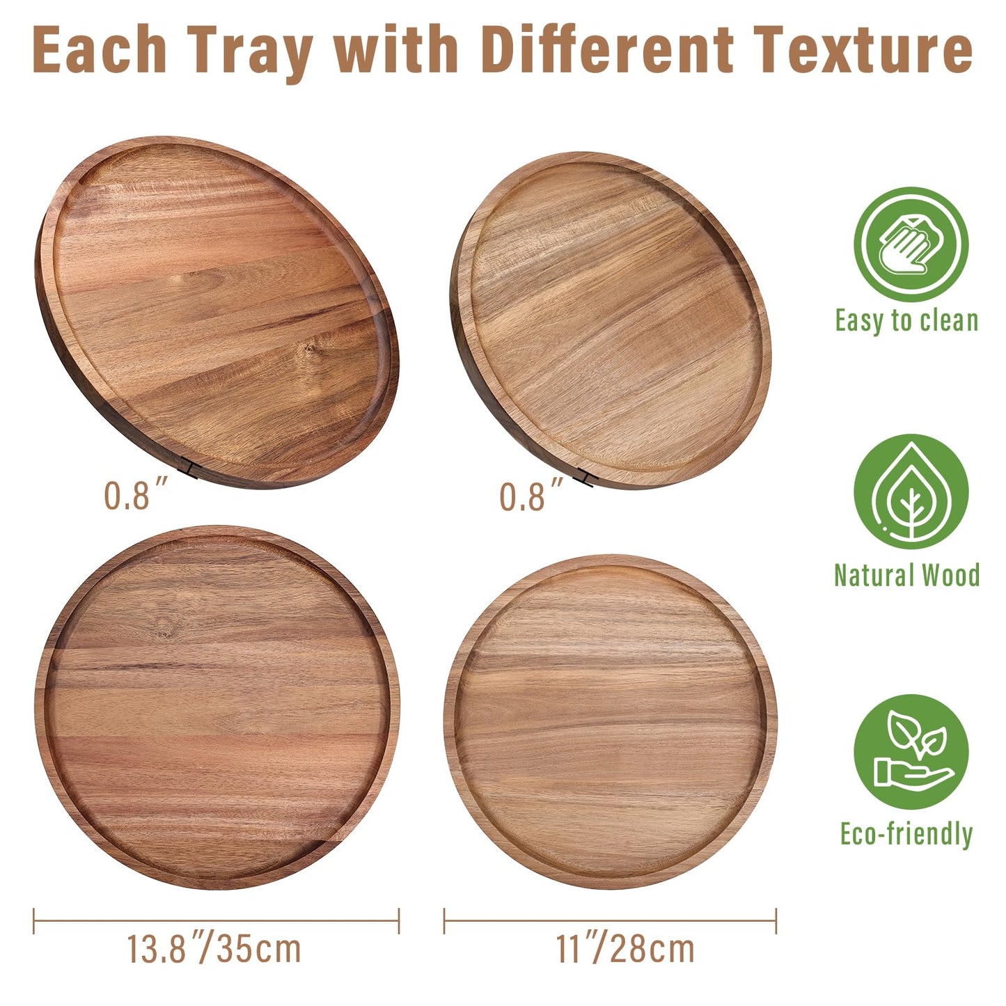 Round Wooden Serving Tray, 13.8 Inch Acacia Decorative Tray for Home Decor, Coffee Table, Farmhouse Style Wood Tray for Small Candle, Vases, Jewelry Organizer, Home Kitchen Dining Tabletop Decor