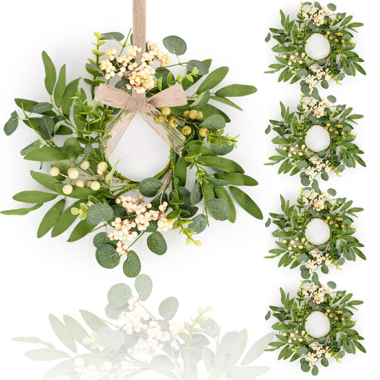 4 Pcs Green Eucalyptus Swag Wreaths for Pillars Spring Summer Kitchen Cabinet Wreaths Mini Green Berry Leaves Wreath with Ribbon for Front Door Porch Wall Window Farmhouse Decoration