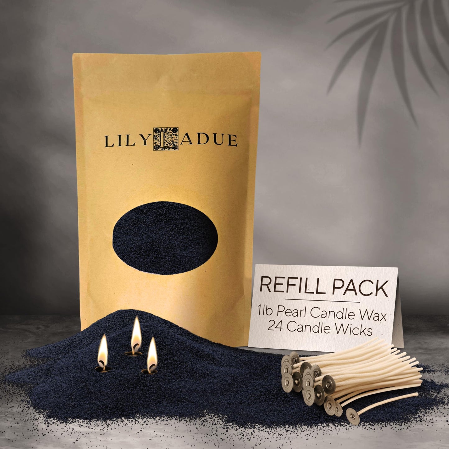 LILY LADUE Black Sand Candle Kit - 1Lb/16Oz Pearled Candles Sand and Wicks (24) with Platinum Holder, Unscented Aroma Beads, Reusable Pearled Candle Wax for DIY Home Kit, Powder Beads Refill Available