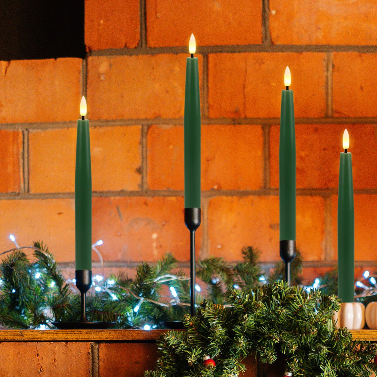GenSwin Flameless Taper Candles with Remote Timer, Real Wax LED Flickering Candlesticks Battery Operated 3D Wick for Wedding, Party, Home(Christmas Green, 9.84", Set of 3)
