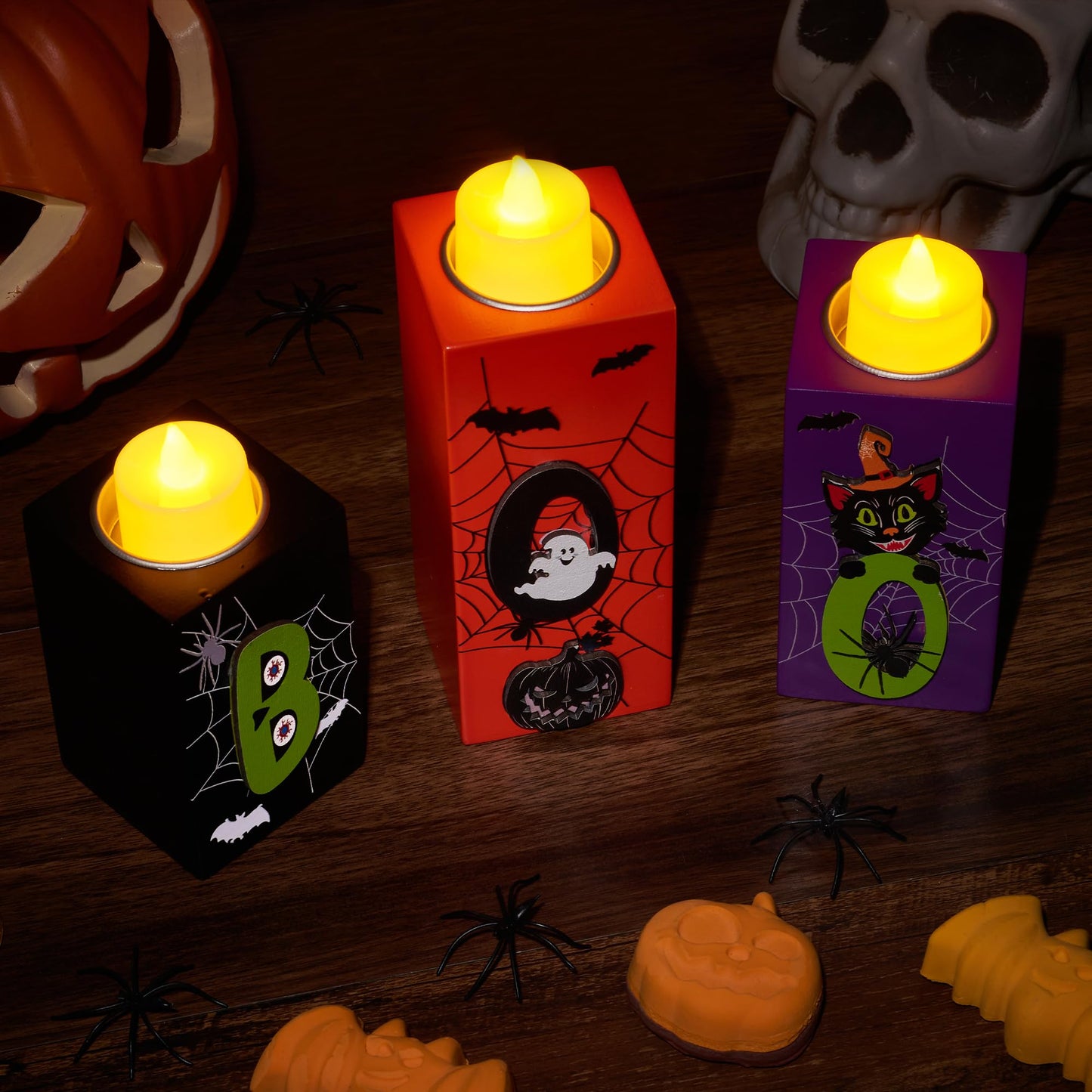 BlcTec Halloween Decorations, 3 PCS Halloween Wood Candle Holders with LED Tea Lights & 3D Carving Craft, Wood Candle Centerpieces for Home, Table, Office, Tiered Tray, Décor, Black Orange Purple